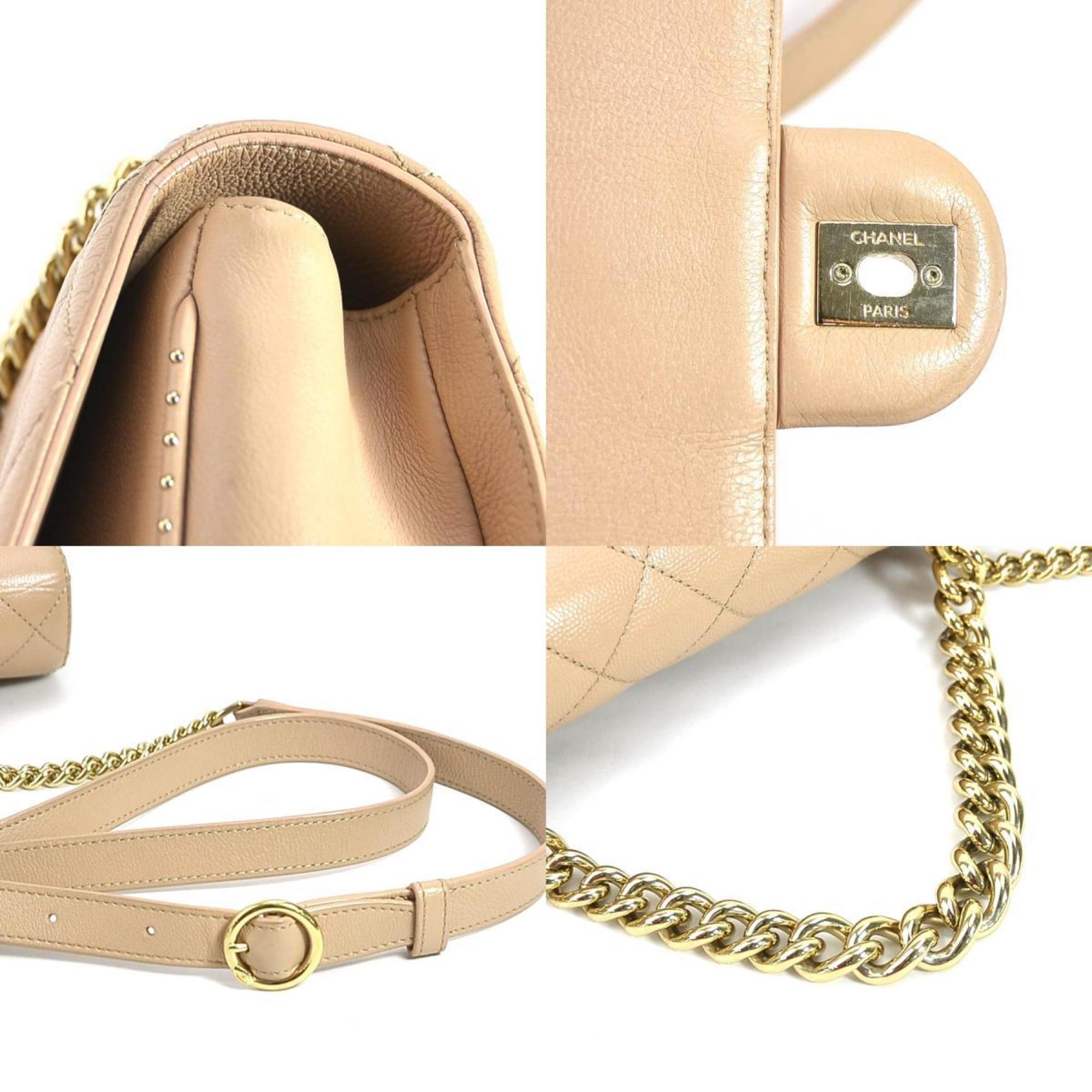 CHANEL Diagonal Shoulder Bag Cocomark Matrasse Caviar Skin Leather Beige Gold Unisex 99540a