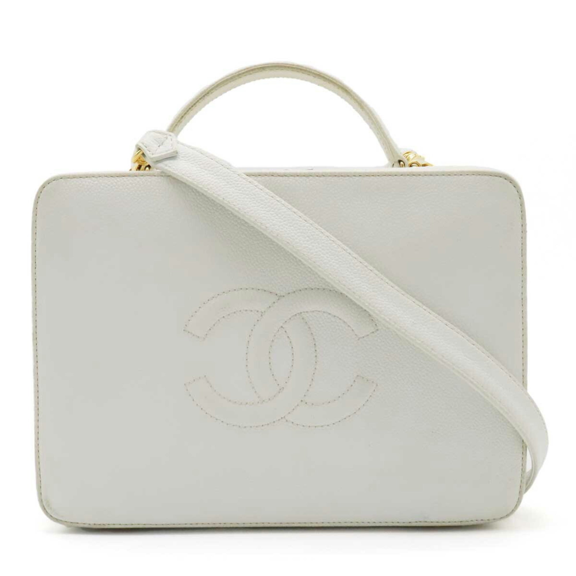 CHANEL Cocomark Handbag Vanity Bag Shoulder Caviar Skin Leather White A11265