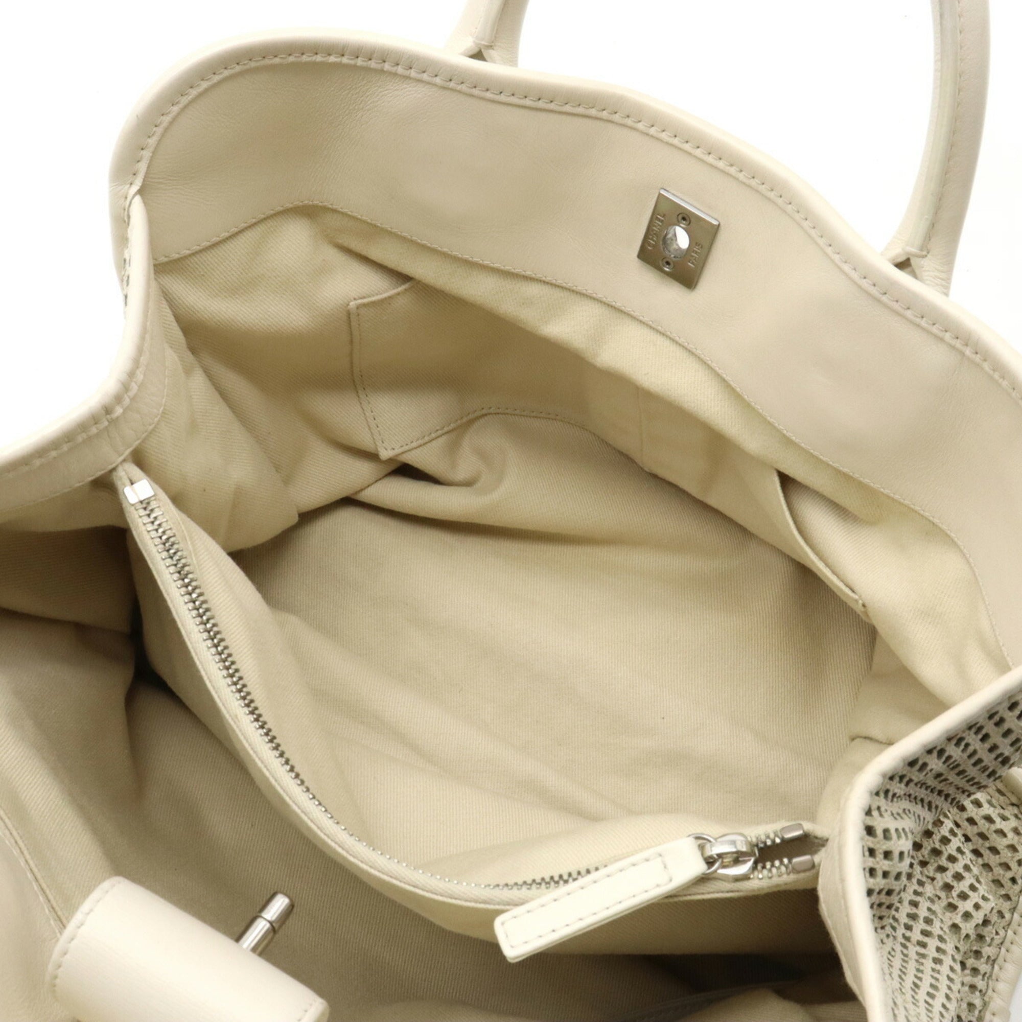 CHANEL Coco Mark Perforated Mesh Handbag Tote Bag Shoulder Chain Leather Ivory