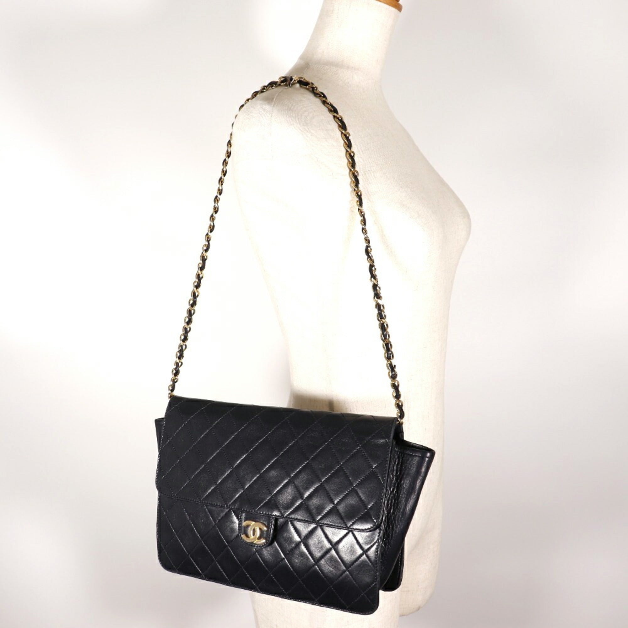 CHANEL Matrasse Shoulder Bag Coco Mark Lambskin Made in France Black/Gold Hardware Snap Button Women's