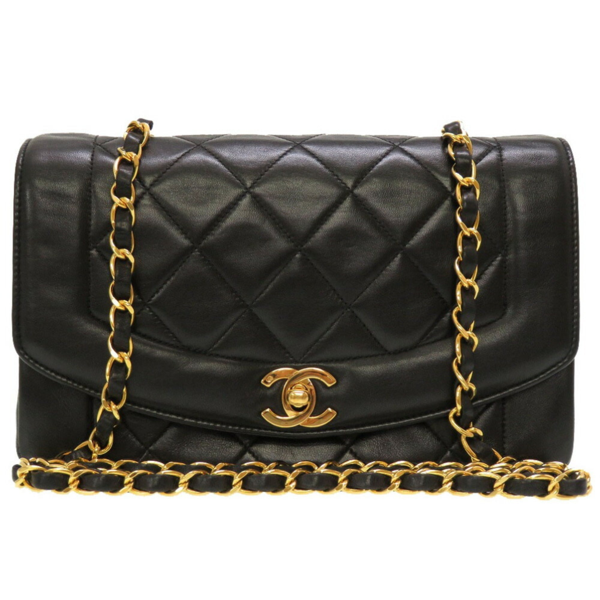 CHANEL Diana 22 Lambskin Black No. 4 Gold Chain Shoulder Bag Matelasse Coco Mark Turnlock