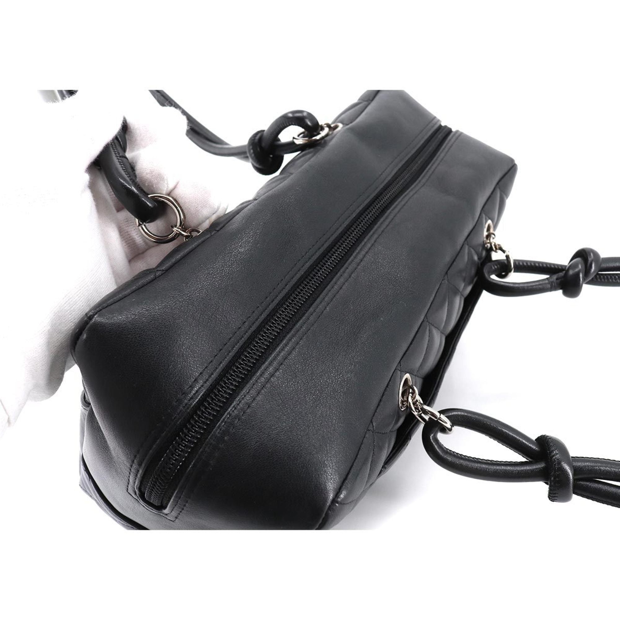 CHANEL Cambon Line Bowling Shoulder Bag Leather Black White A25171