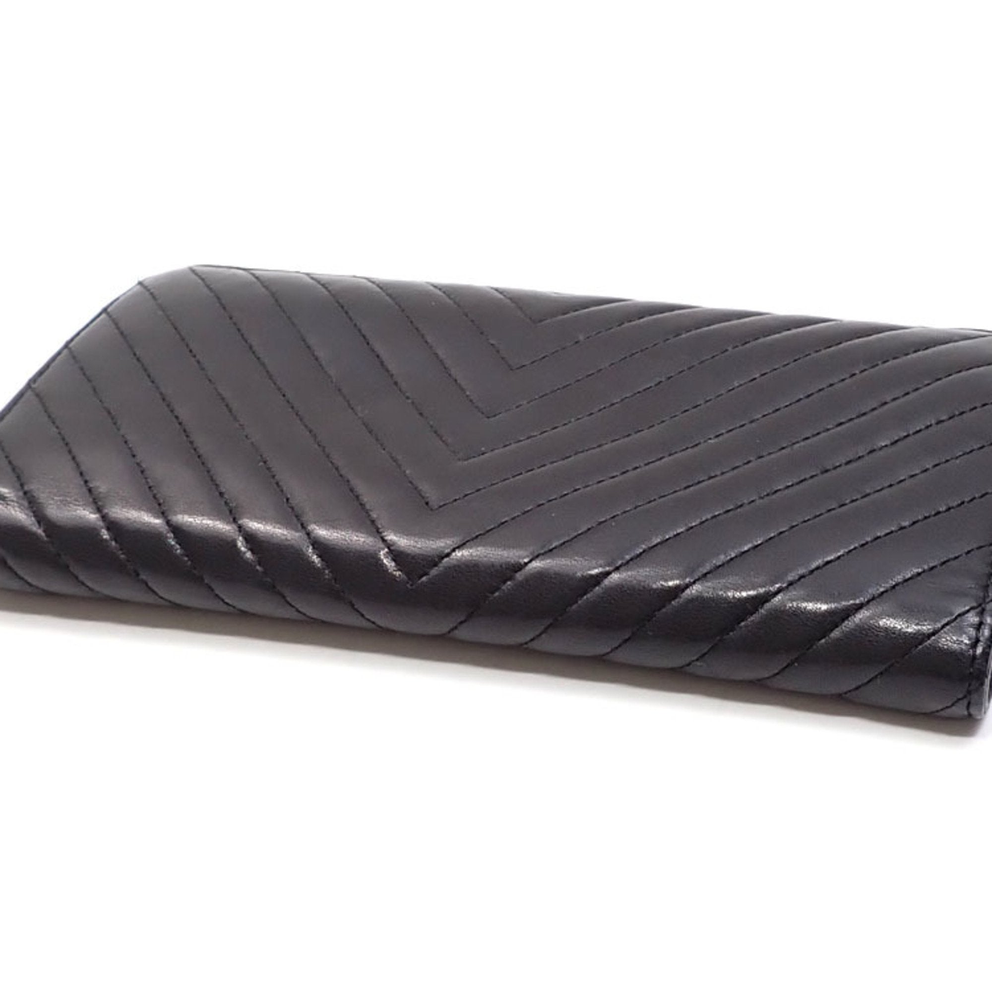 CHANEL Bifold Long Wallet V Stitch Women's Black Lambskin A31509 Coco Mark Leather