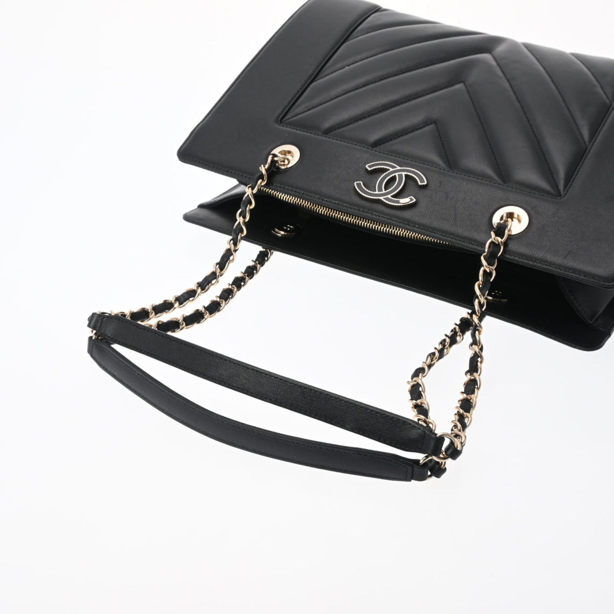 CHANEL V Stitch Chain Tote Black Women's Leather Bag