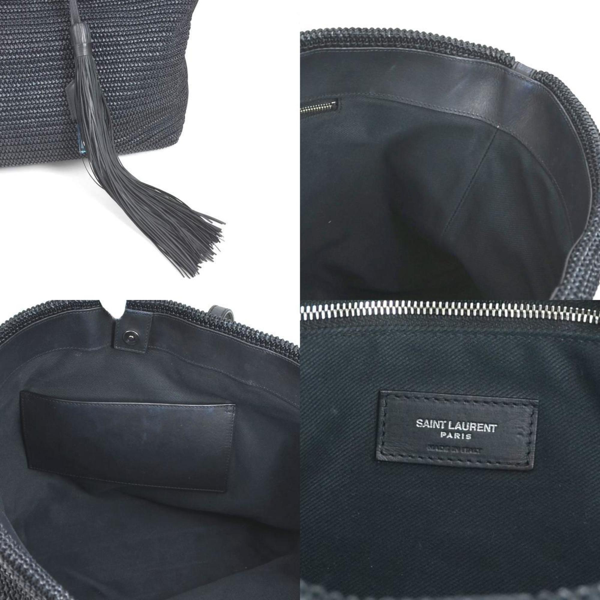 SAINT LAURENT Shoulder Bag Raffia/Leather Black Women's 490793