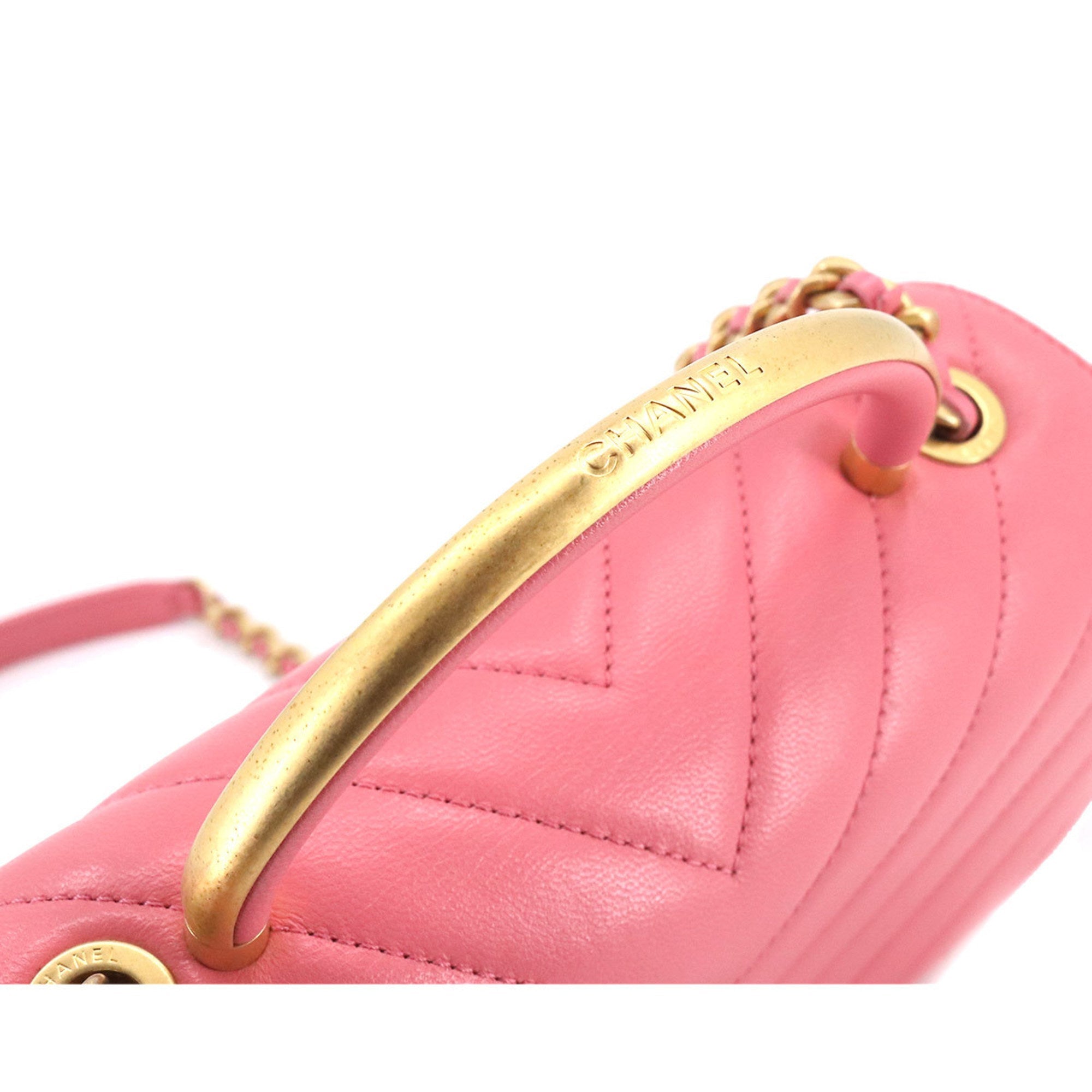 CHANEL Chevron V Stitch Top Handle 2way Hand Shoulder Bag Leather Pink