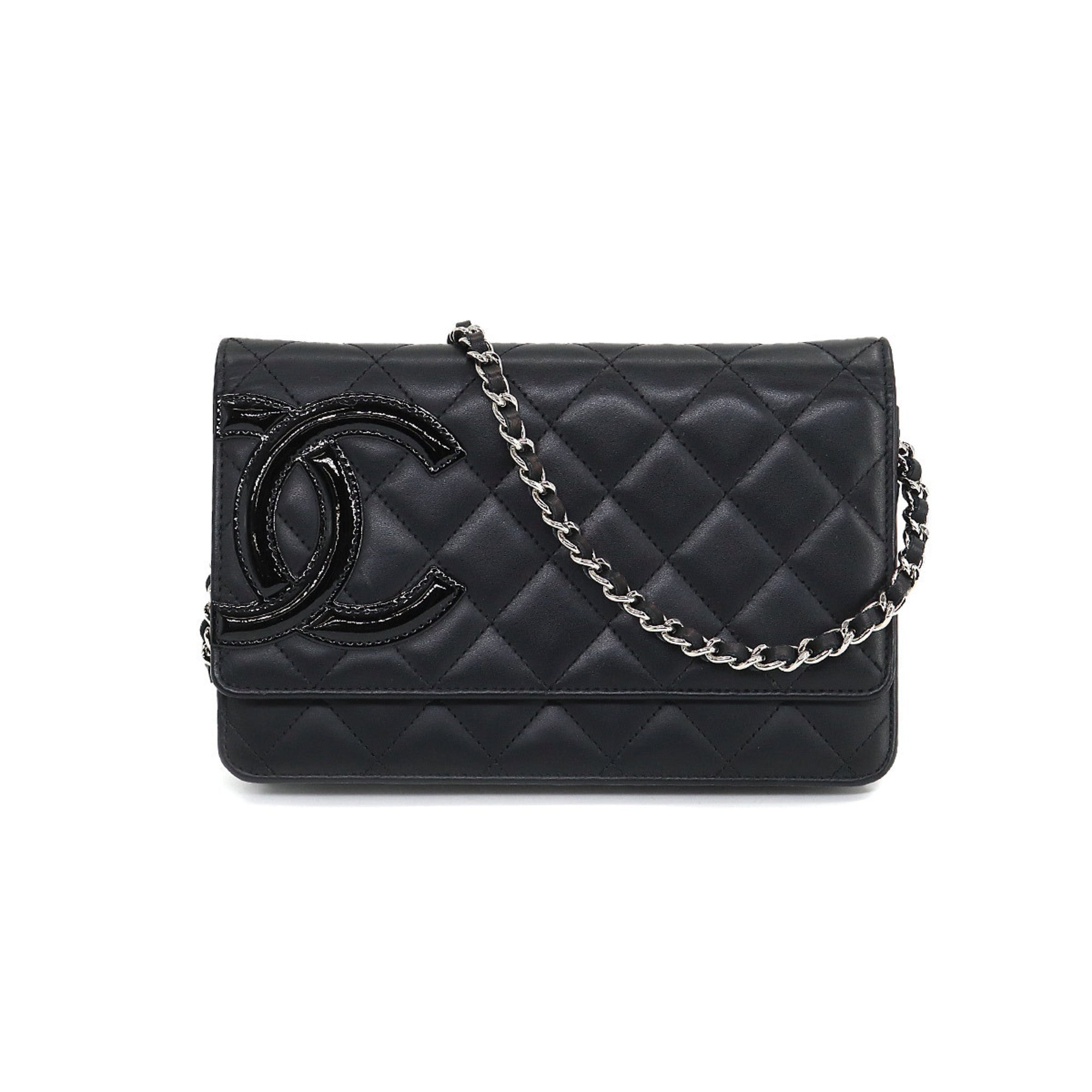CHANEL cambon line chain wallet folio long leather enamel black silver metal fittings A46646 Cambon Line Chain Wallet