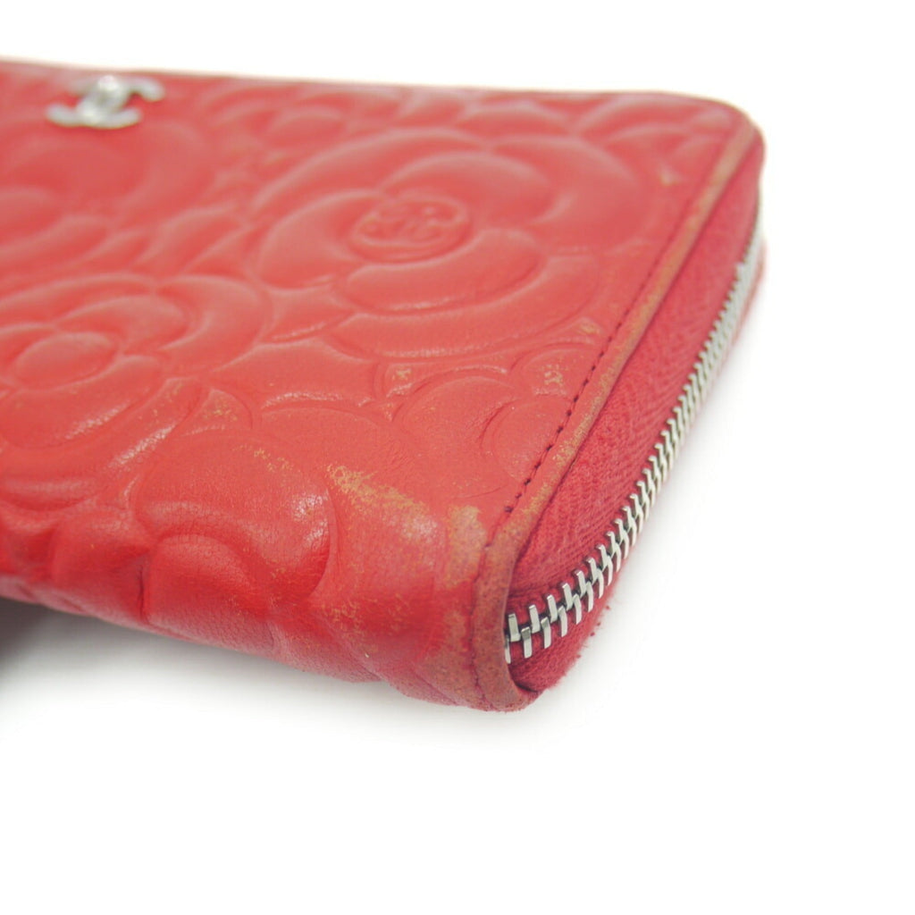 CHANEL camellia embossed round long wallet lambskin red A82281