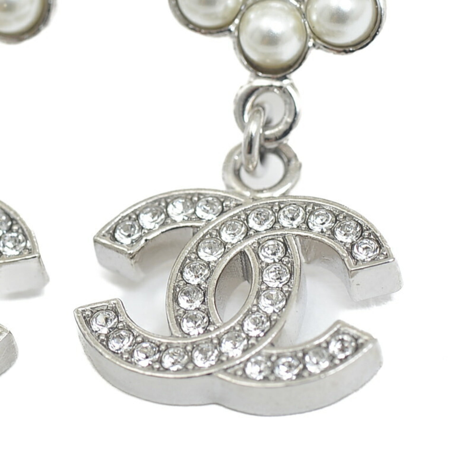 CHANEL Cocomark Pearl Earrings Metal Silver B23A