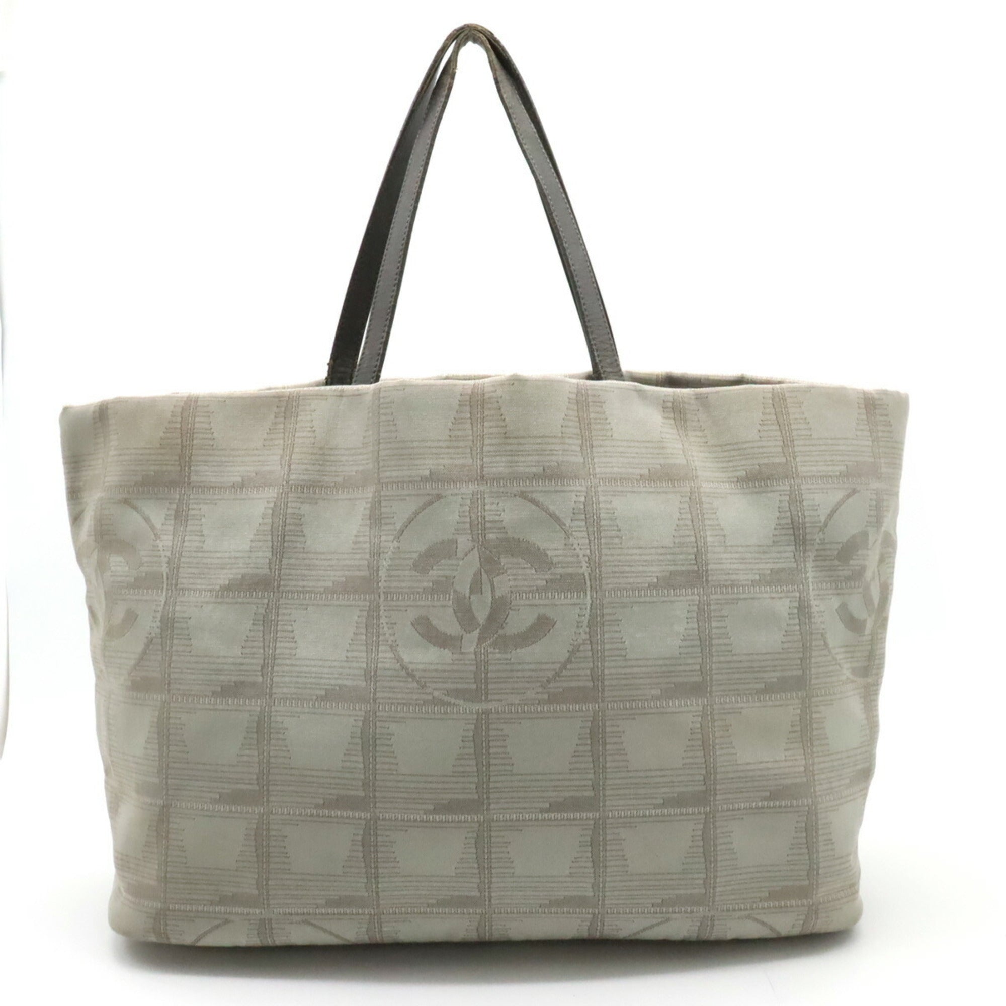 CHANEL New Line Large Tote Bag Shoulder Nylon Jacquard Leather Gray 7148