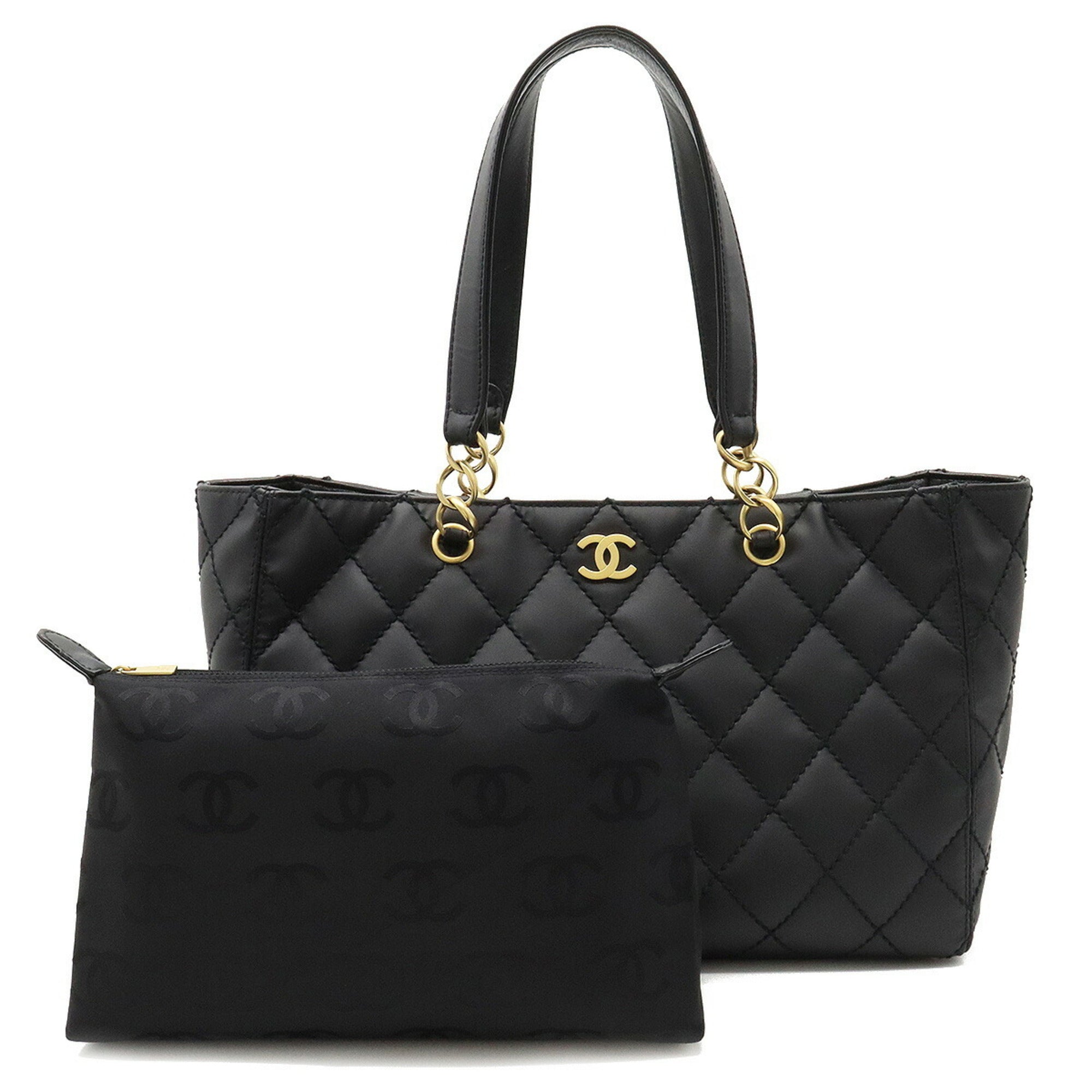 CHANEL Matelasse Wild Stitch Tote Bag Chain Shoulder Matte Leather Black