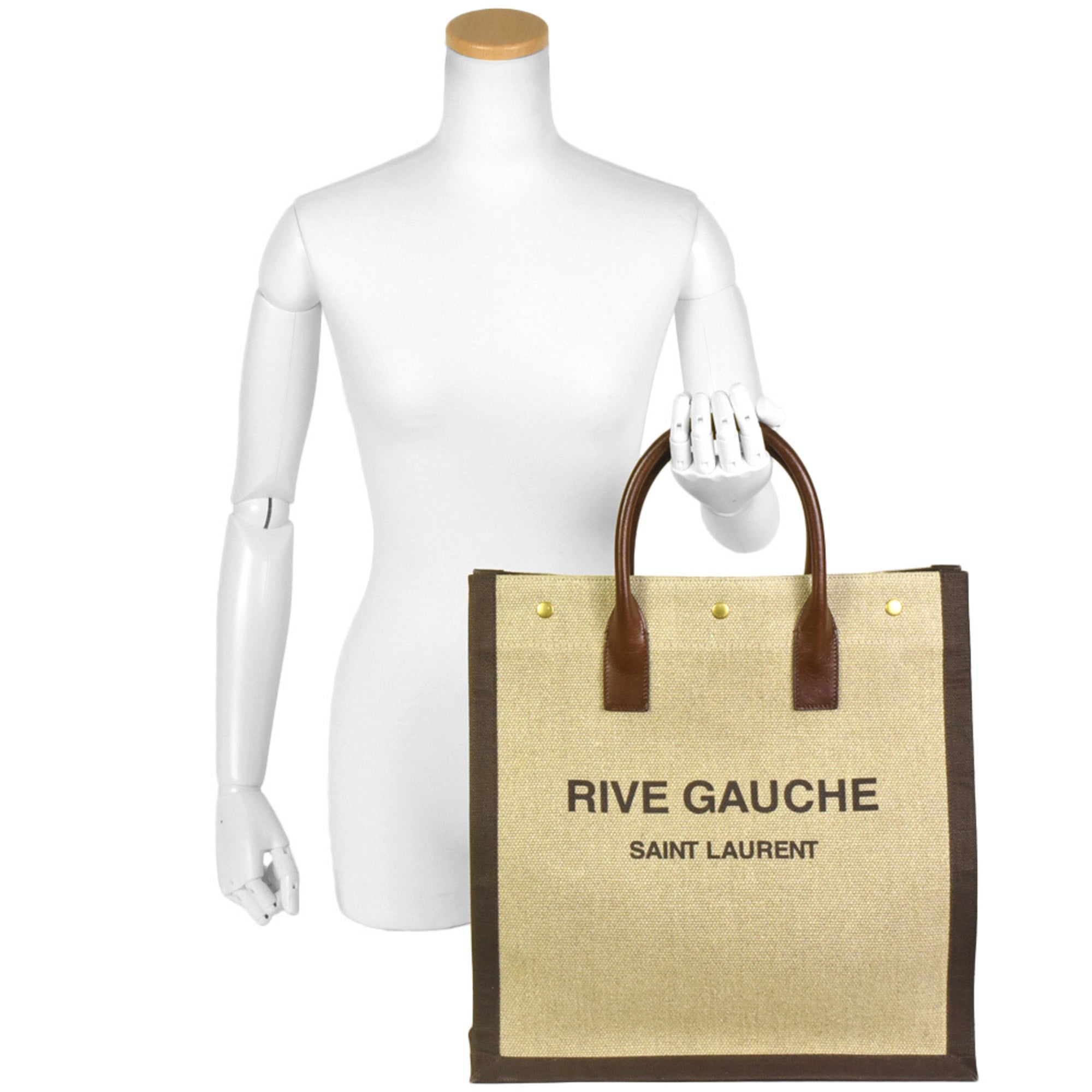YVES SAINT LAURENT Saint Laurent Paris SAINT LAURENT Rive Gaucher Tote Bag Beige Brown Canvas Leather 631682