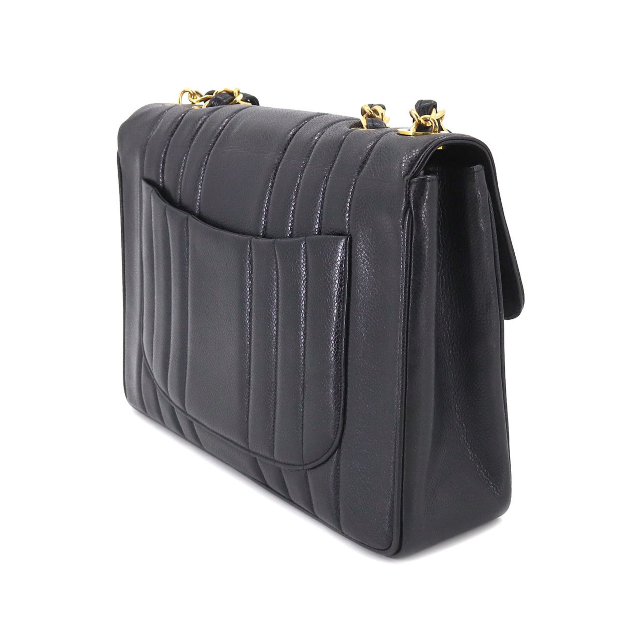 CHANEL Mademoiselle Chain Shoulder Bag Caviar Skin Black Coco Mark Gold Hardware Vintage