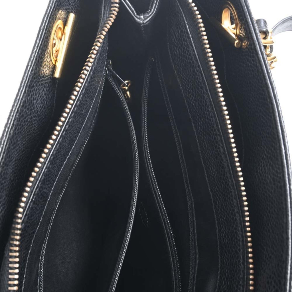 CHANEL Caviar Skin Coco Mark Chain Tote Bag Black Ladies