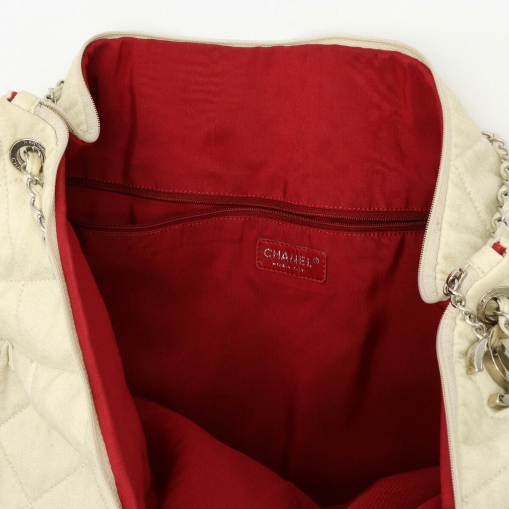 CHANEL LA cruise line chain shoulder bag cotton jersey lame ivory red