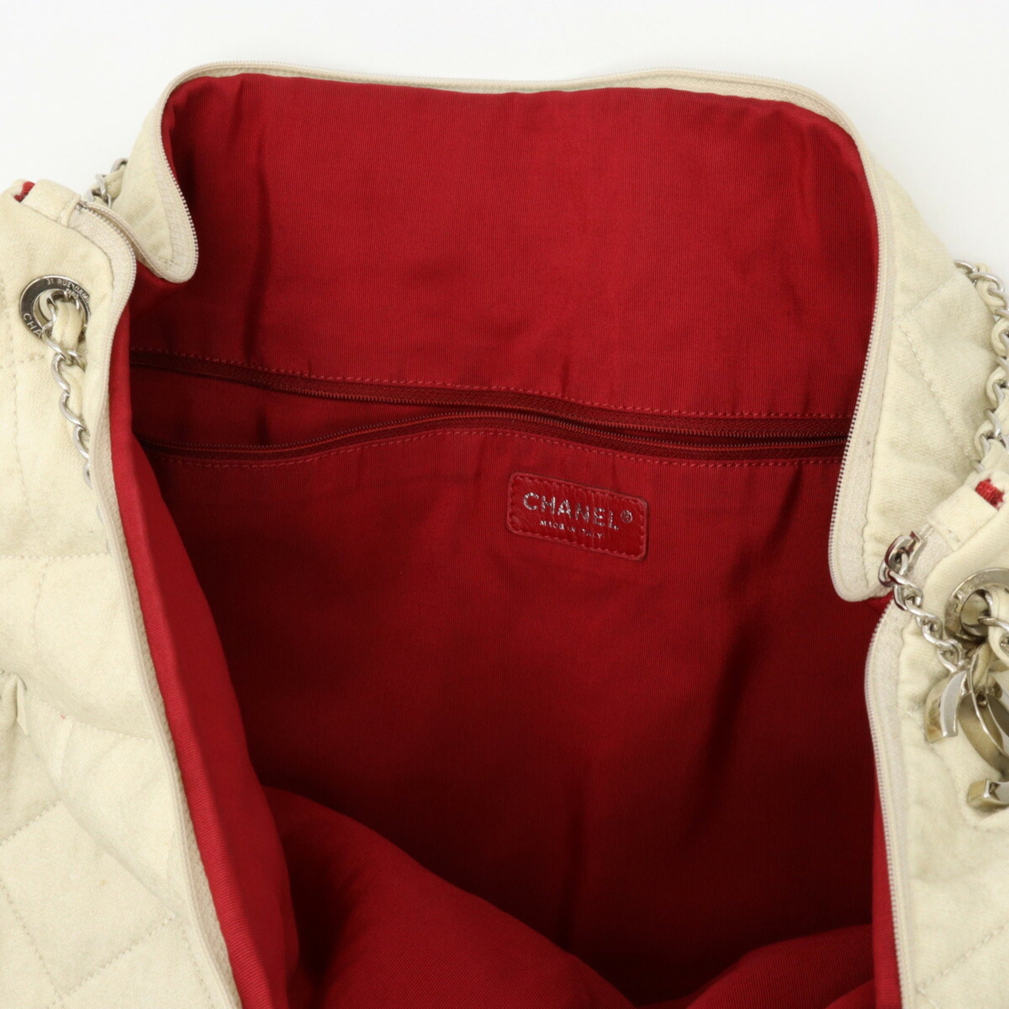 CHANEL LA cruise line chain shoulder bag cotton jersey lame ivory red