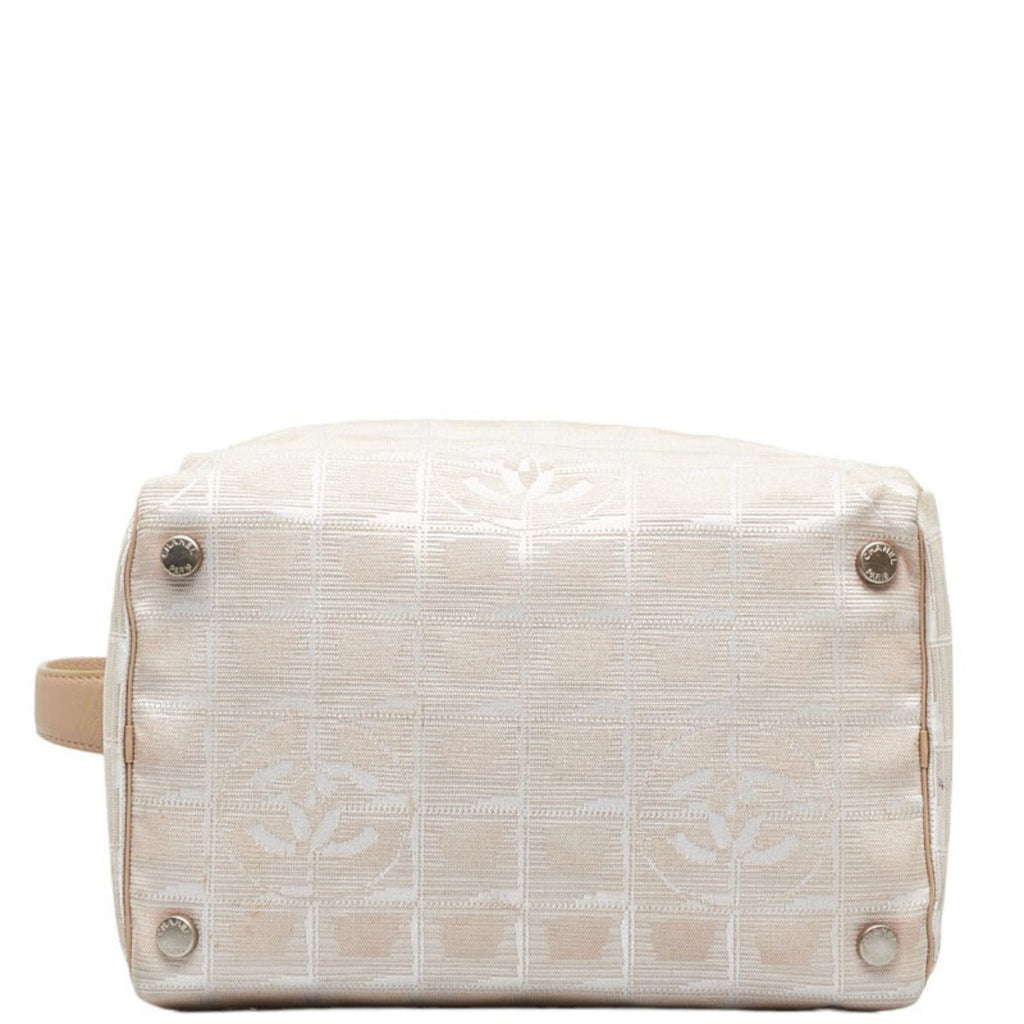 CHANEL New Line Coco Mark Vanity Bag Handbag Beige Leather Nylon Jacquard Women's