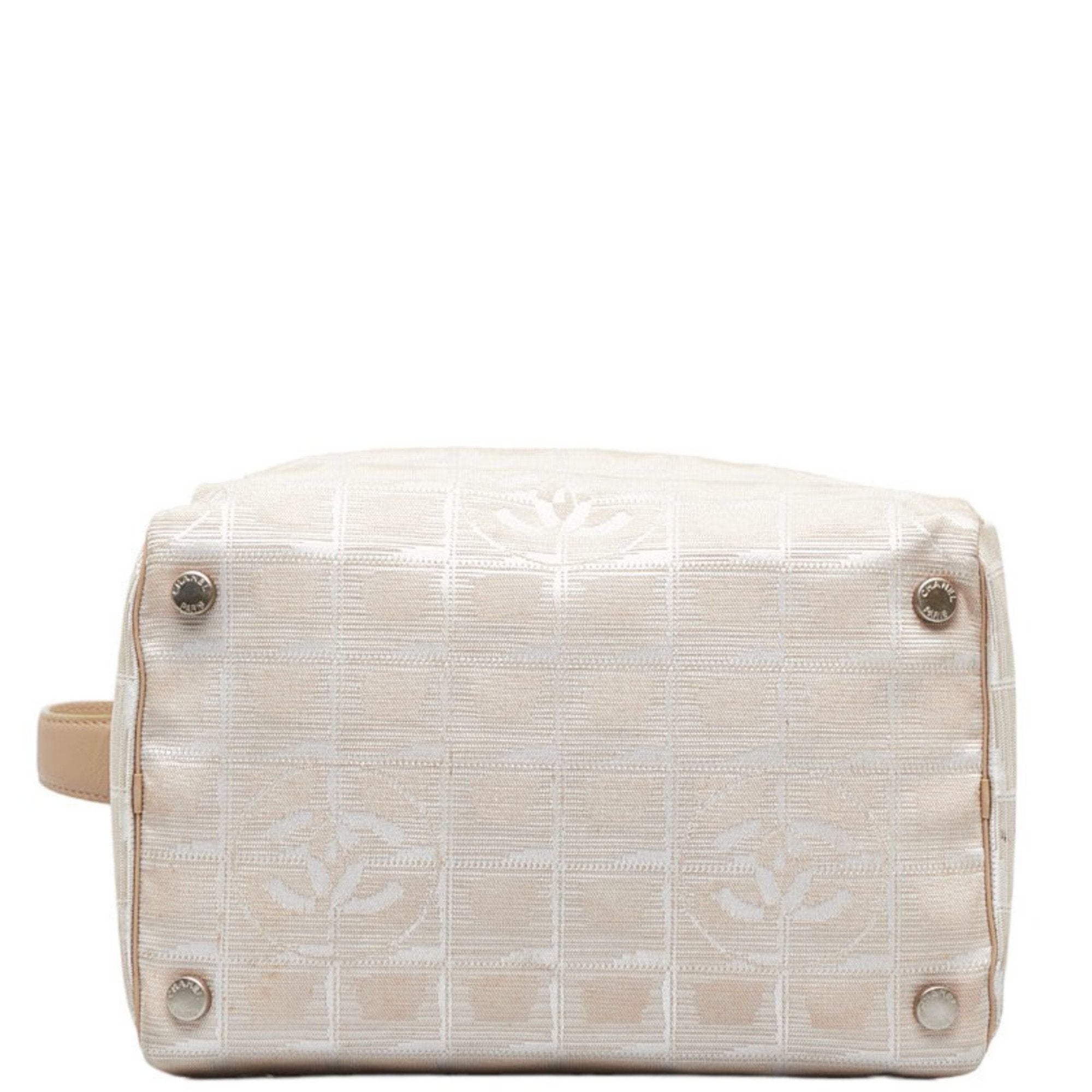 CHANEL New Line Coco Mark Vanity Bag Handbag Beige Leather Nylon Jacquard Women's