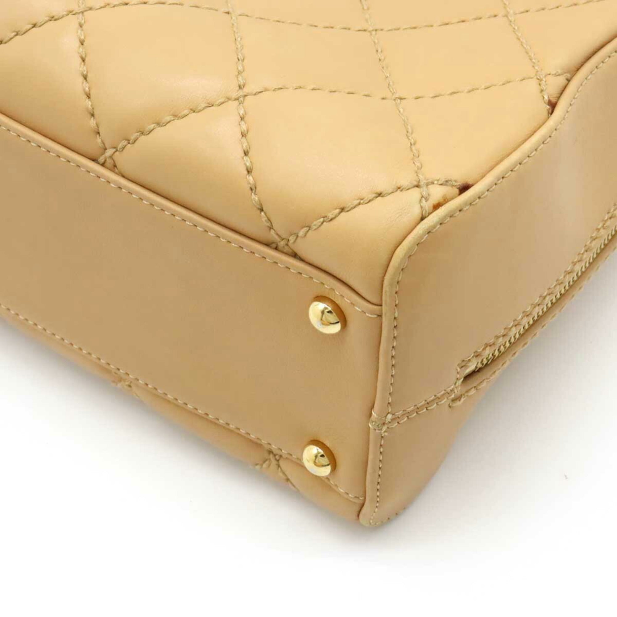 CHANEL Wild Stitch Handbag Boston Bag Leather Beige A14692