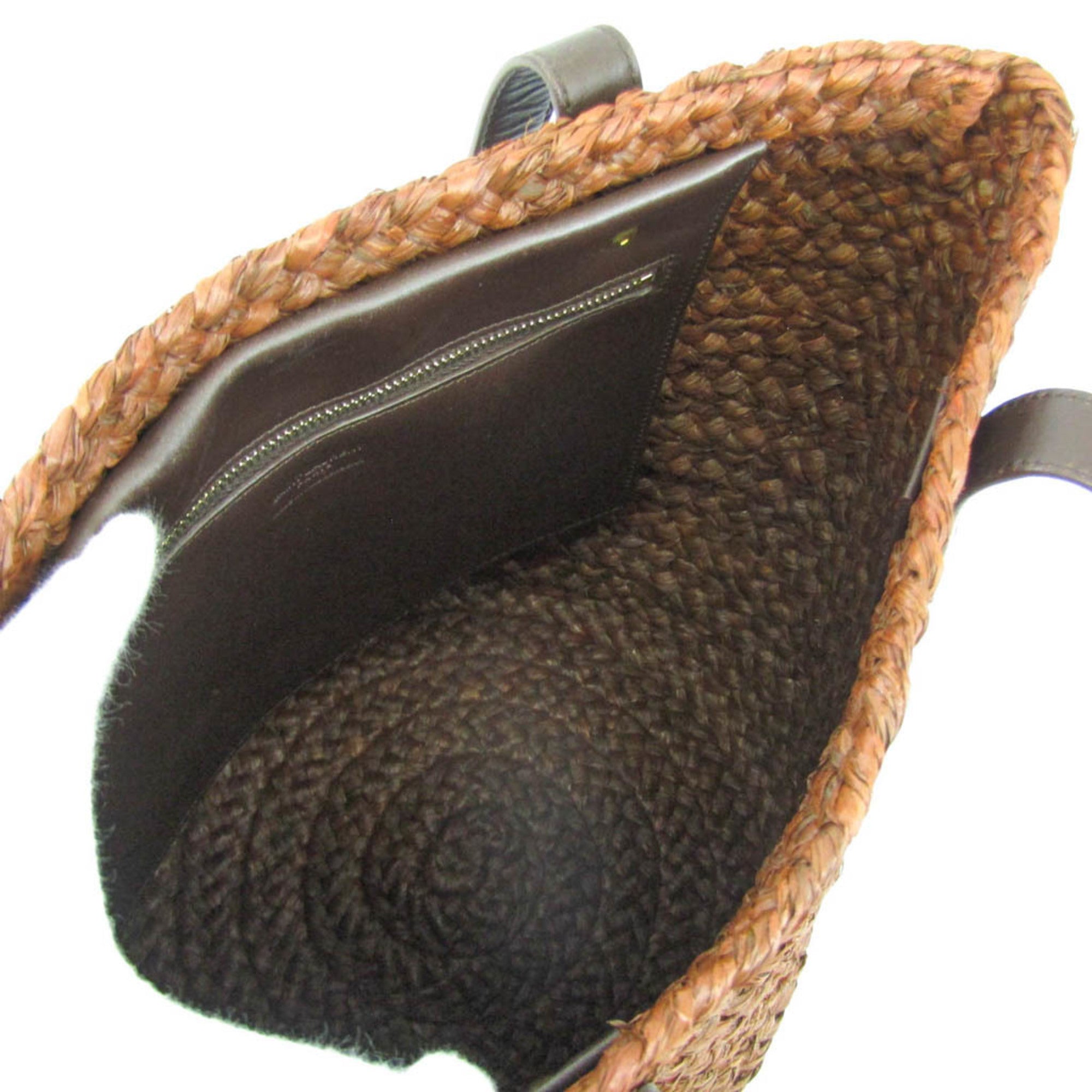 SAINT LAURENT Pannier Small 579518 Women's Raffia,Leather Tote Bag Brown,Dark Brown