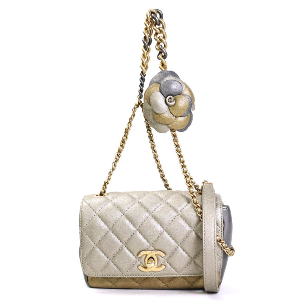 CHANEL Diagonal Shoulder Bag Matelasse Camellia Leather/Metal Greige/Gold/Gray Women's e55934a