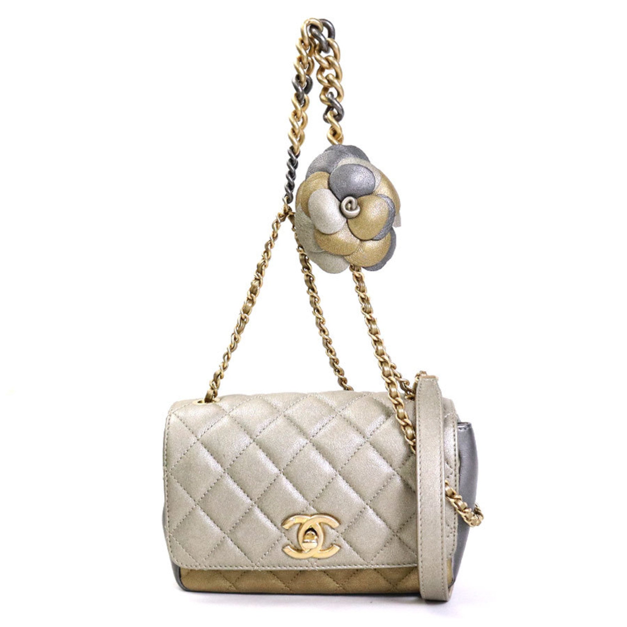 CHANEL Diagonal Shoulder Bag Matelasse Camellia Leather/Metal Greige/Gold/Gray Women's e55934a