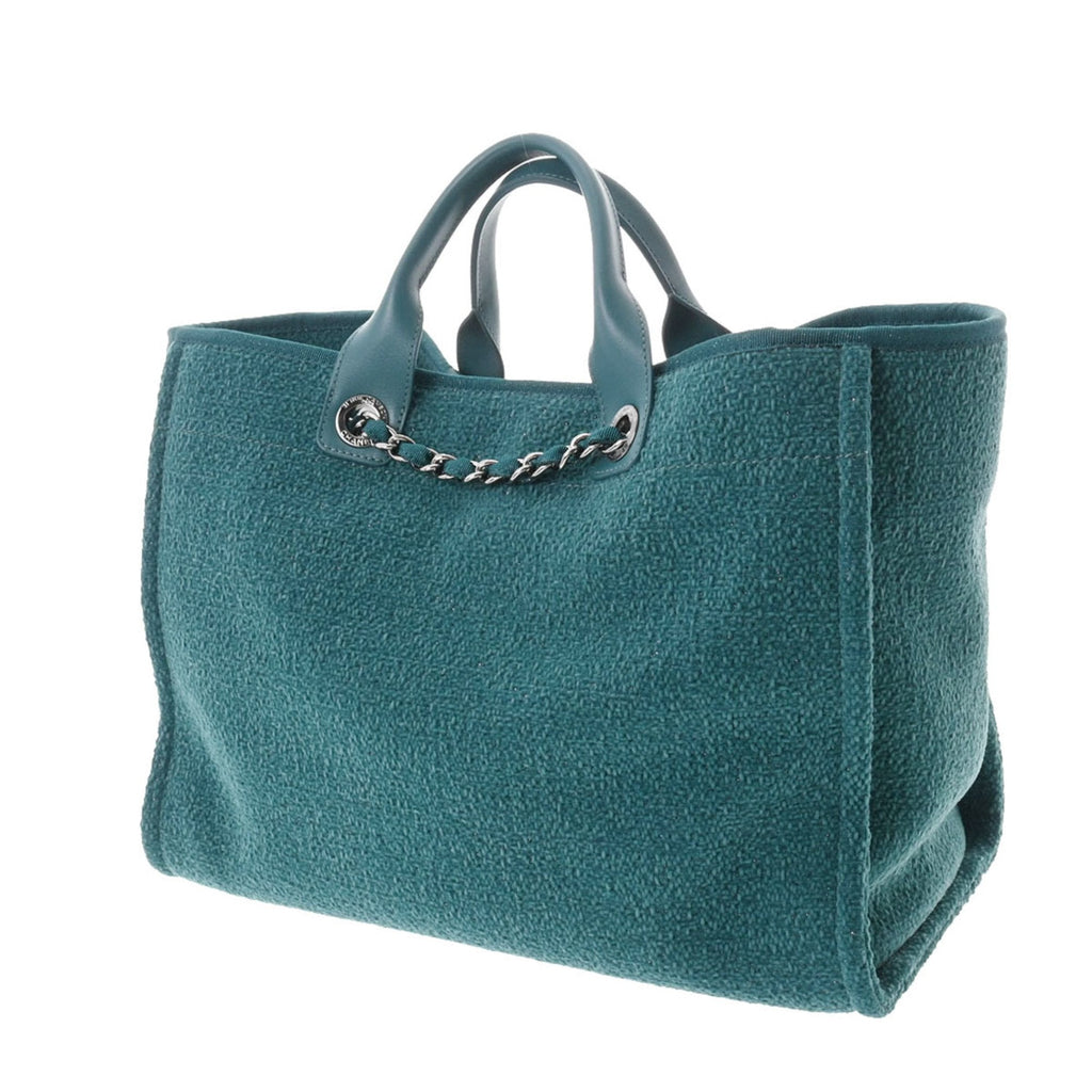 CHANEL Deauville GM Blue Green Ladies Straw Leather Bag