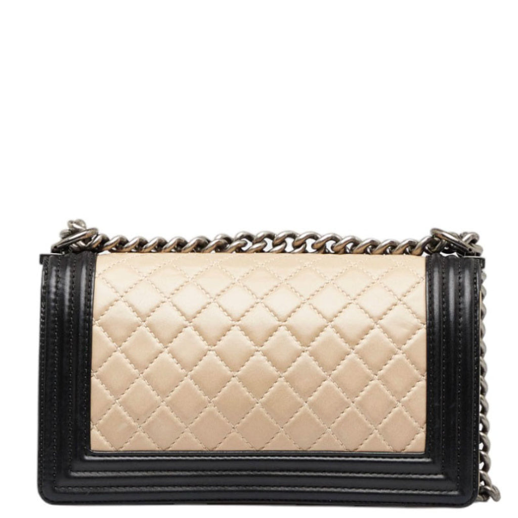 CHANEL Boy Coco Mark Bicolor Chain Shoulder Bag Beige Black Lambskin Ladies