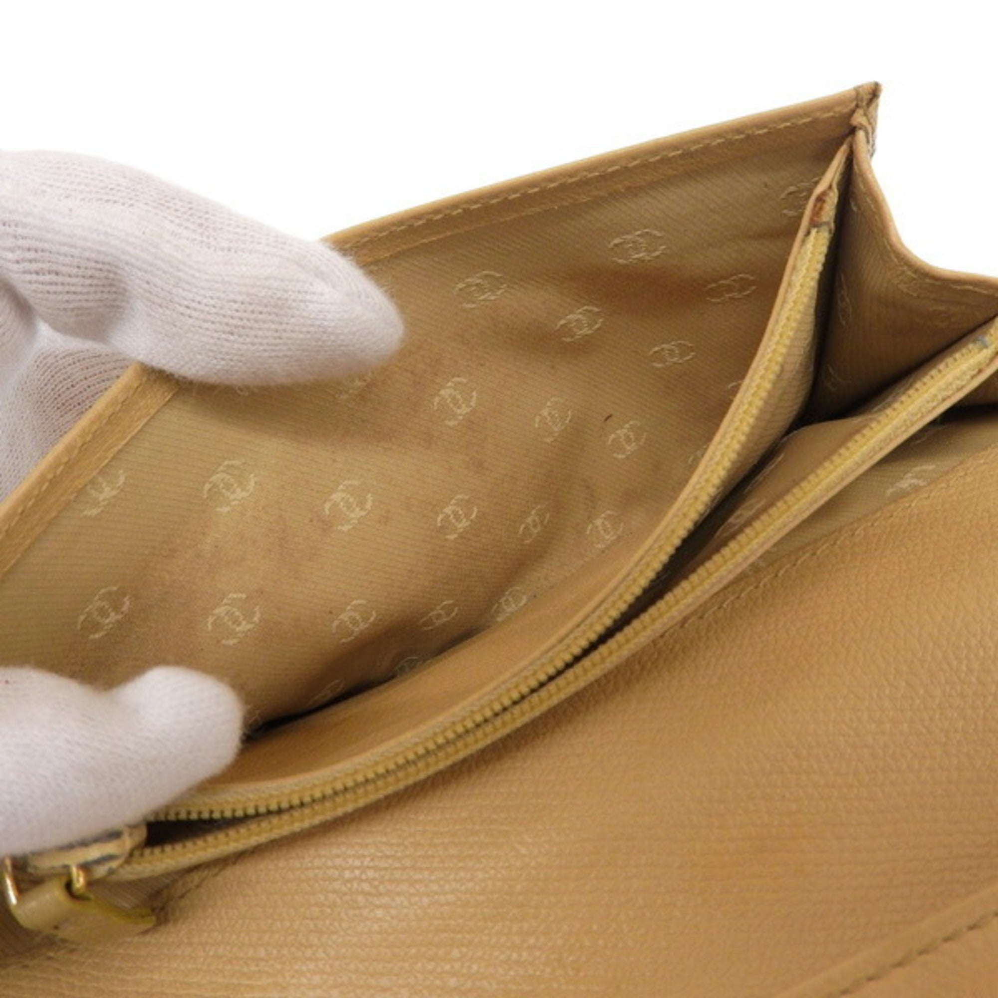 CHANEL Leather Coco Button Bifold Long Wallet Beige Ladies