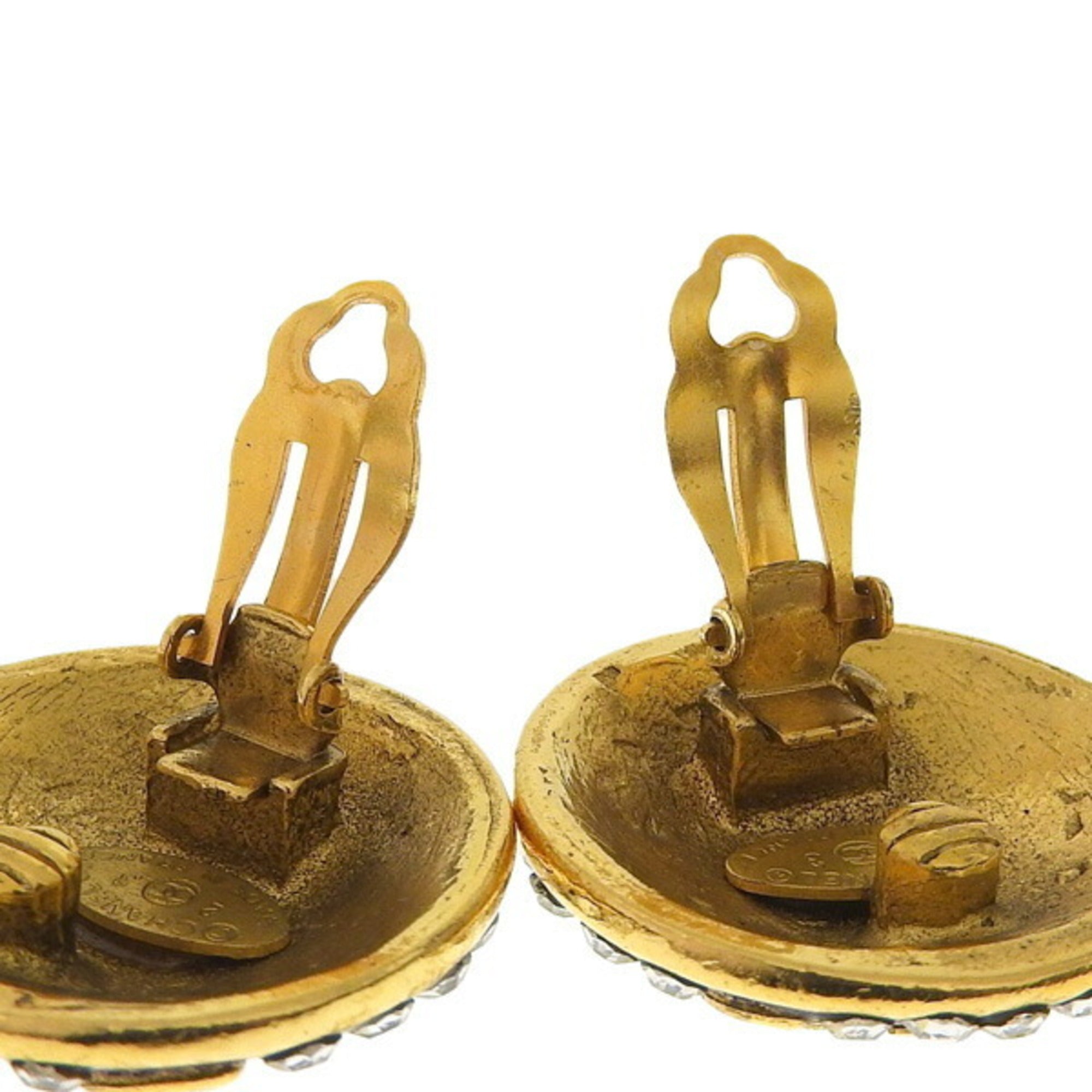 CHANEL Rhinestone Coco Mark Round Earrings Gold Women's