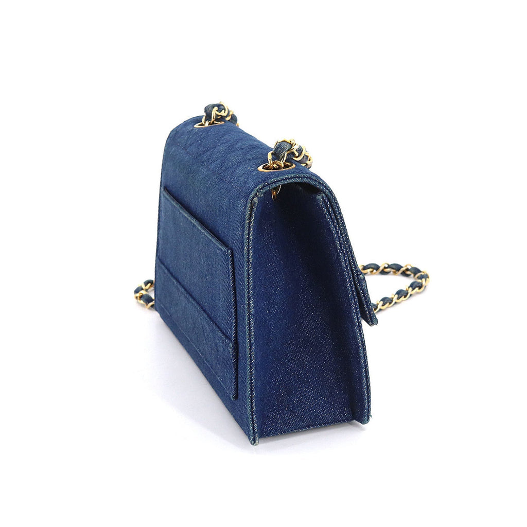 CHANEL Chain Shoulder Bag Denim Blue Gold Hardware Vintage Matelasse