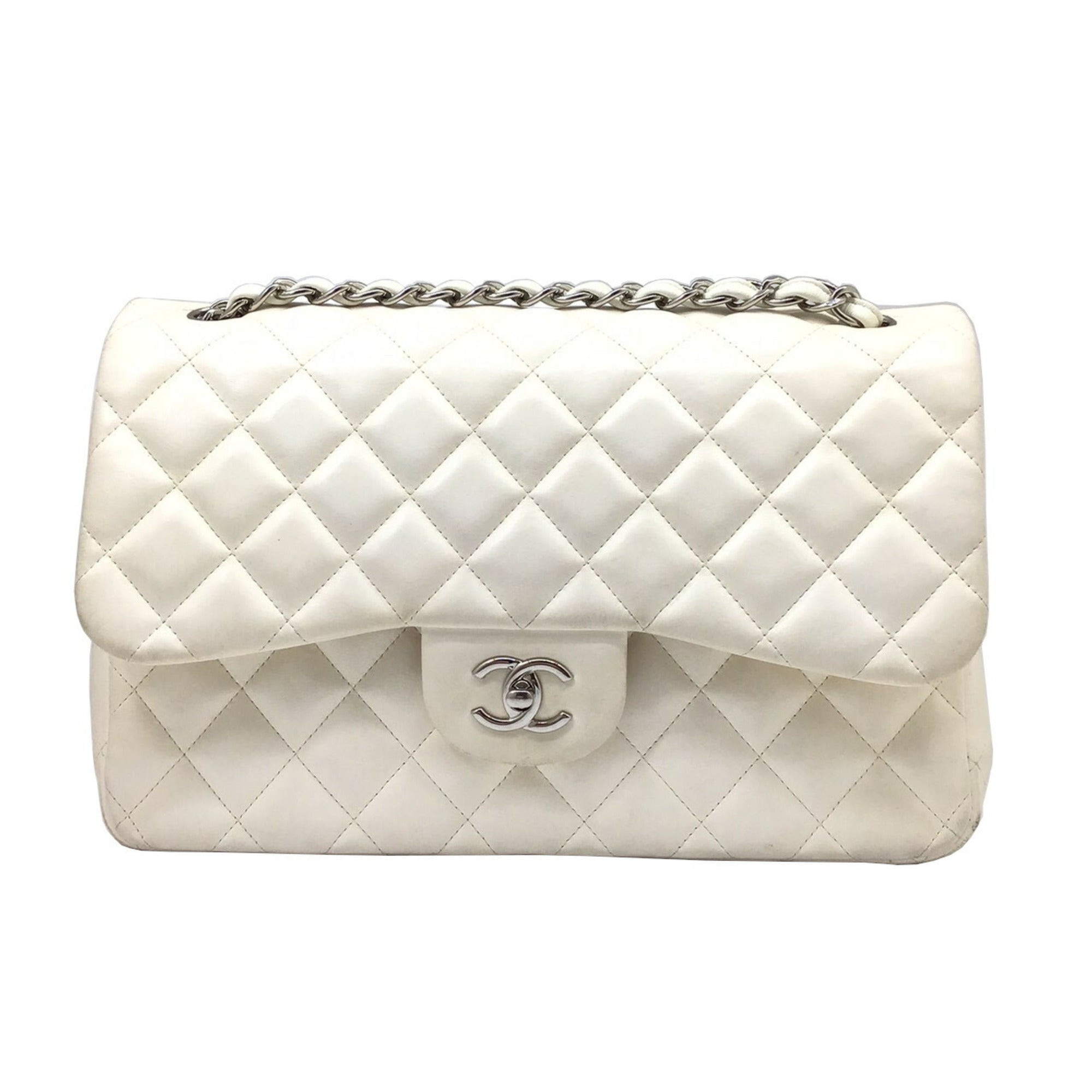 CHANEL Matelasse Deka 30 White Lambskin Silver Hardware Chain Shoulder Double Flap Women's