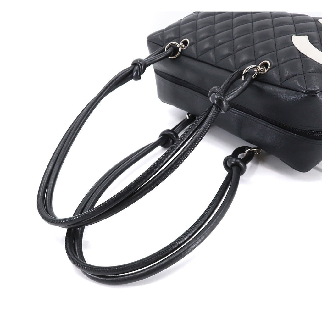 CHANEL Cambon Line Bowling Shoulder Bag Leather Black White A25171