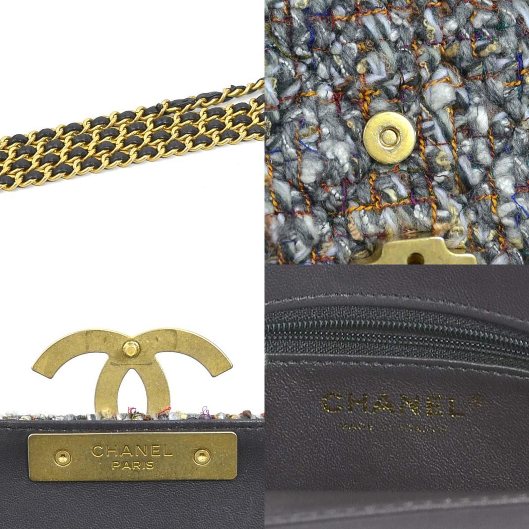 CHANEL Shoulder Bag Coco Mark Tweed/Leather Gray/Blue/Multicolor Gold Ladies