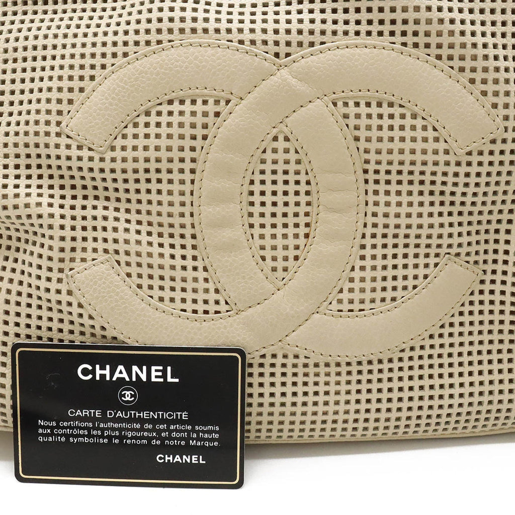 CHANEL Cocomark Handbag Boston Punching Mesh Leather Beige