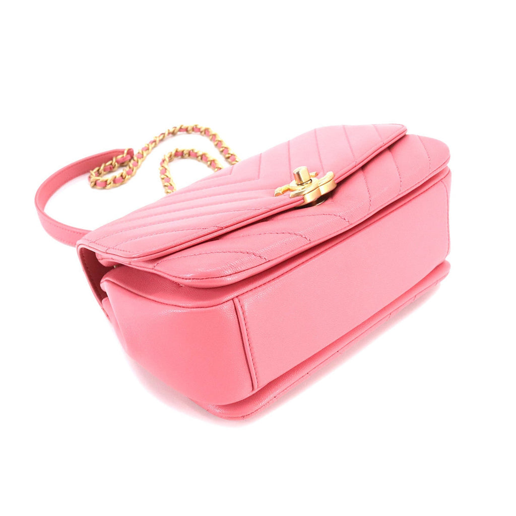 CHANEL Chevron V Stitch Top Handle 2way Hand Shoulder Bag Leather Pink
