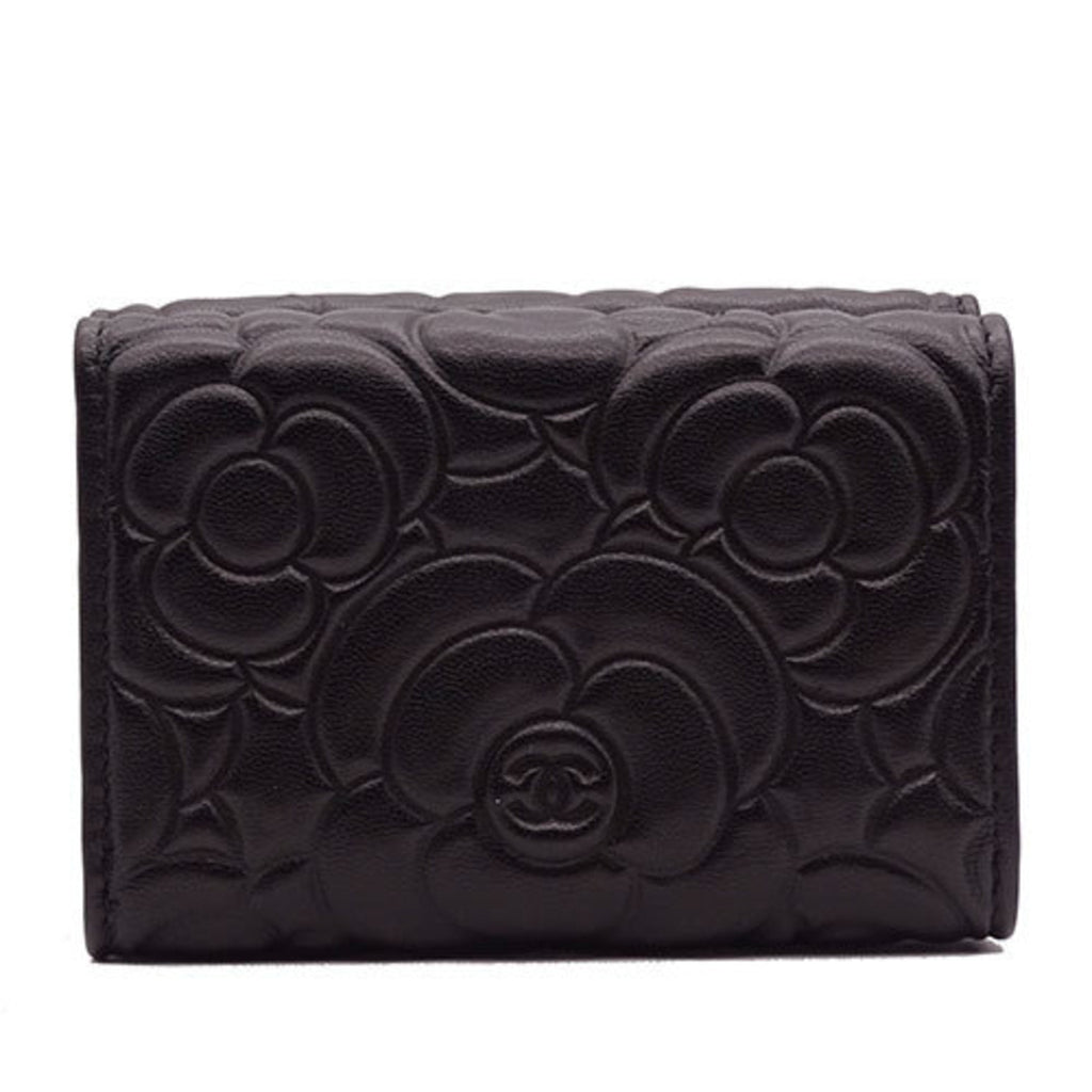 CHANEL Wallet Women's Trifold Leather Camellia Black