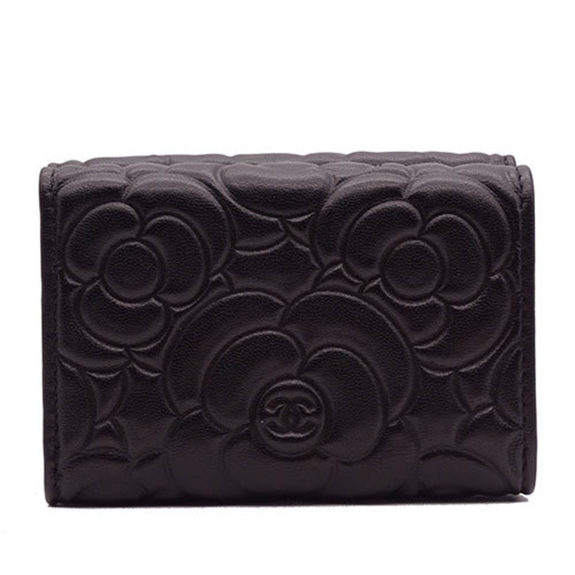 CHANEL Wallet Women's Trifold Leather Camellia Black