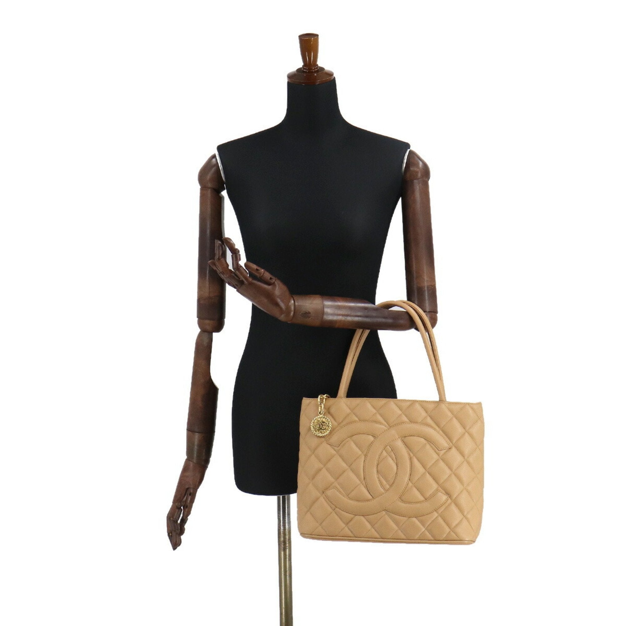 Chanel Reprint Tote Bag Caviar Skin Beige A01804 Gold Hardware Vintage Medallion