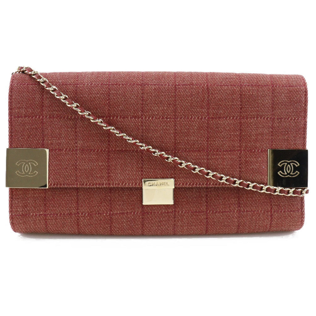 CHANEL chain shoulder chocolate bar line cotton canvas red ladies bag