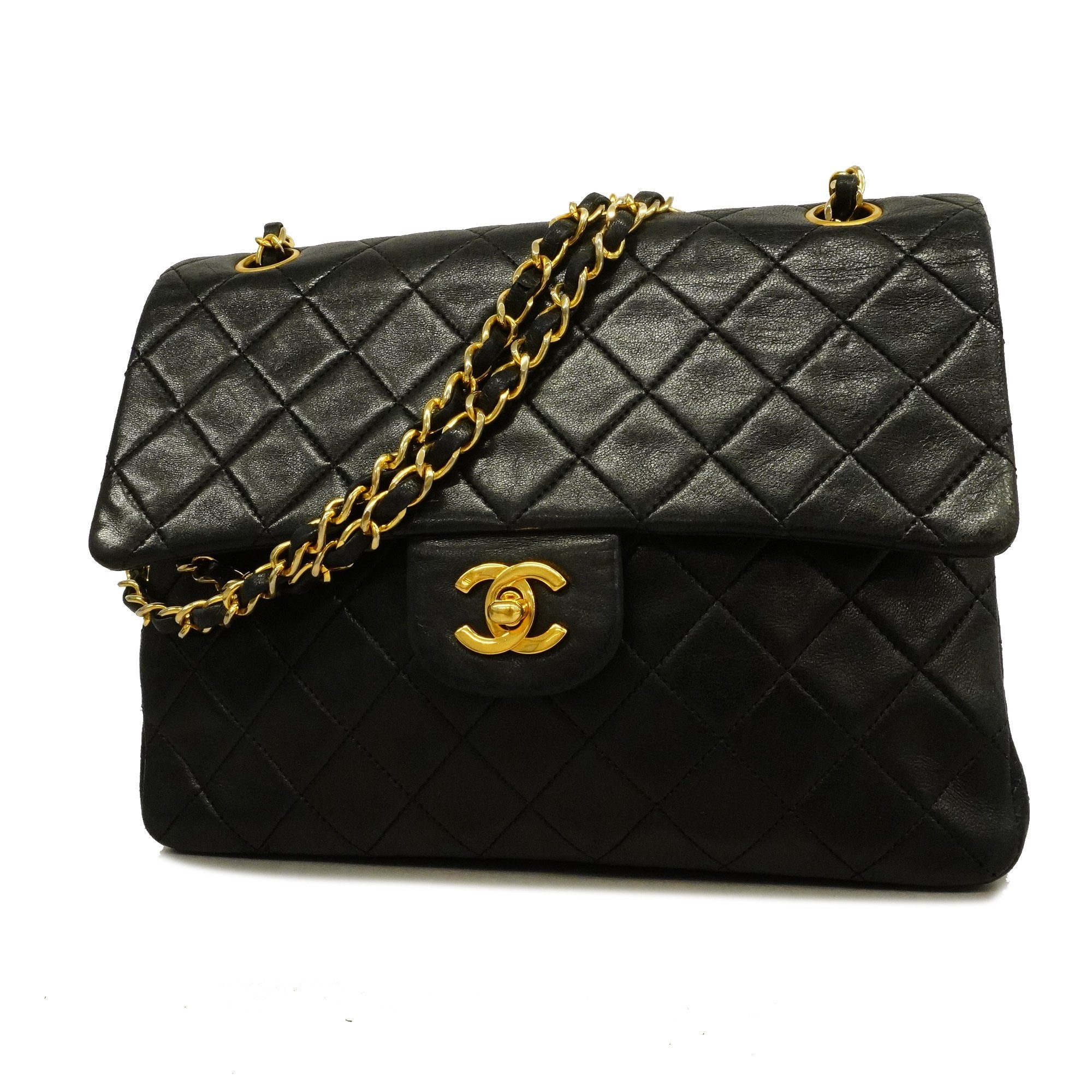 Chanel Matelasse W Flap W Chain Women's Leather Shoulder Bag Black