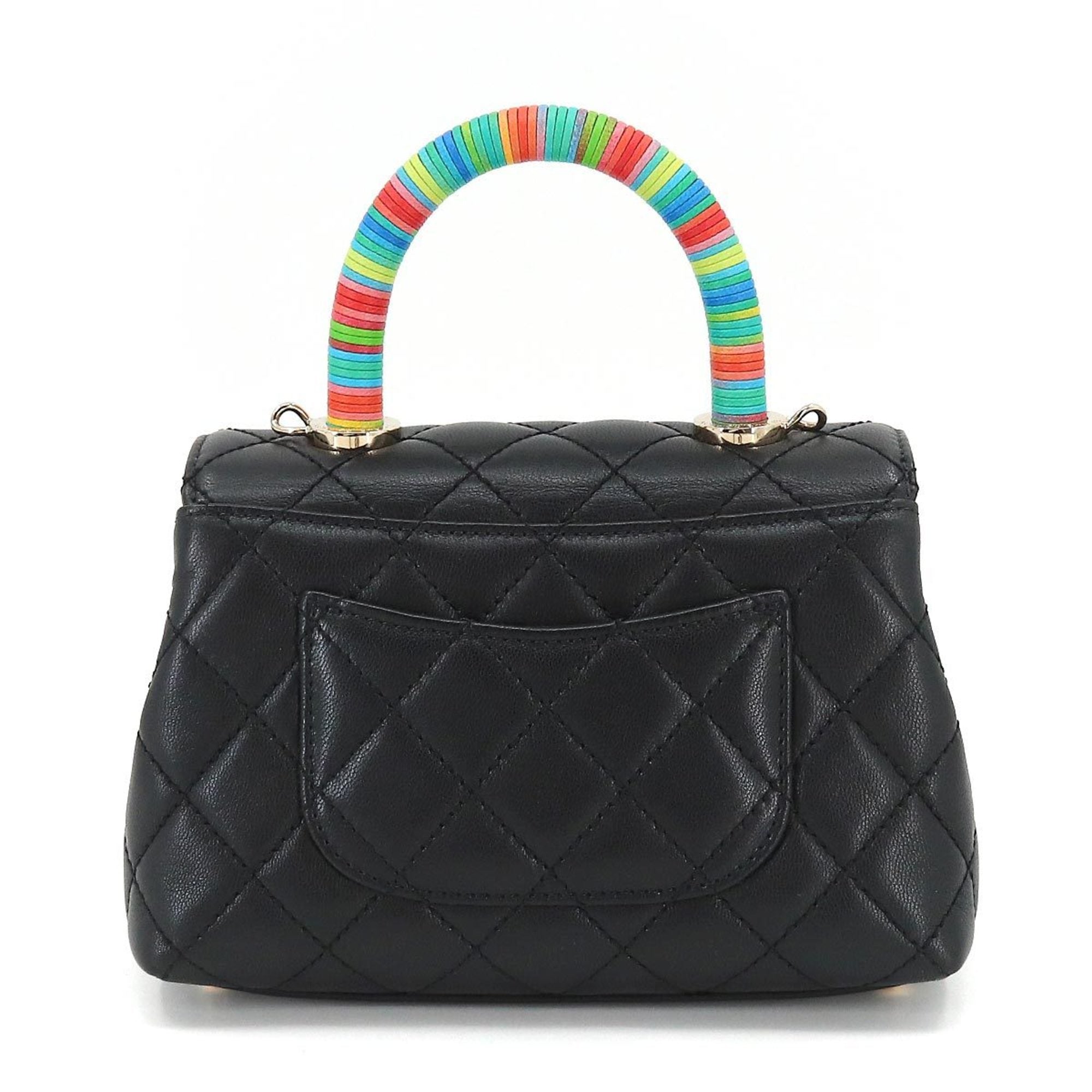 CHANEL here handle matelasse 2way hand shoulder bag leather black rainbow AS2215 Matelasse Bag