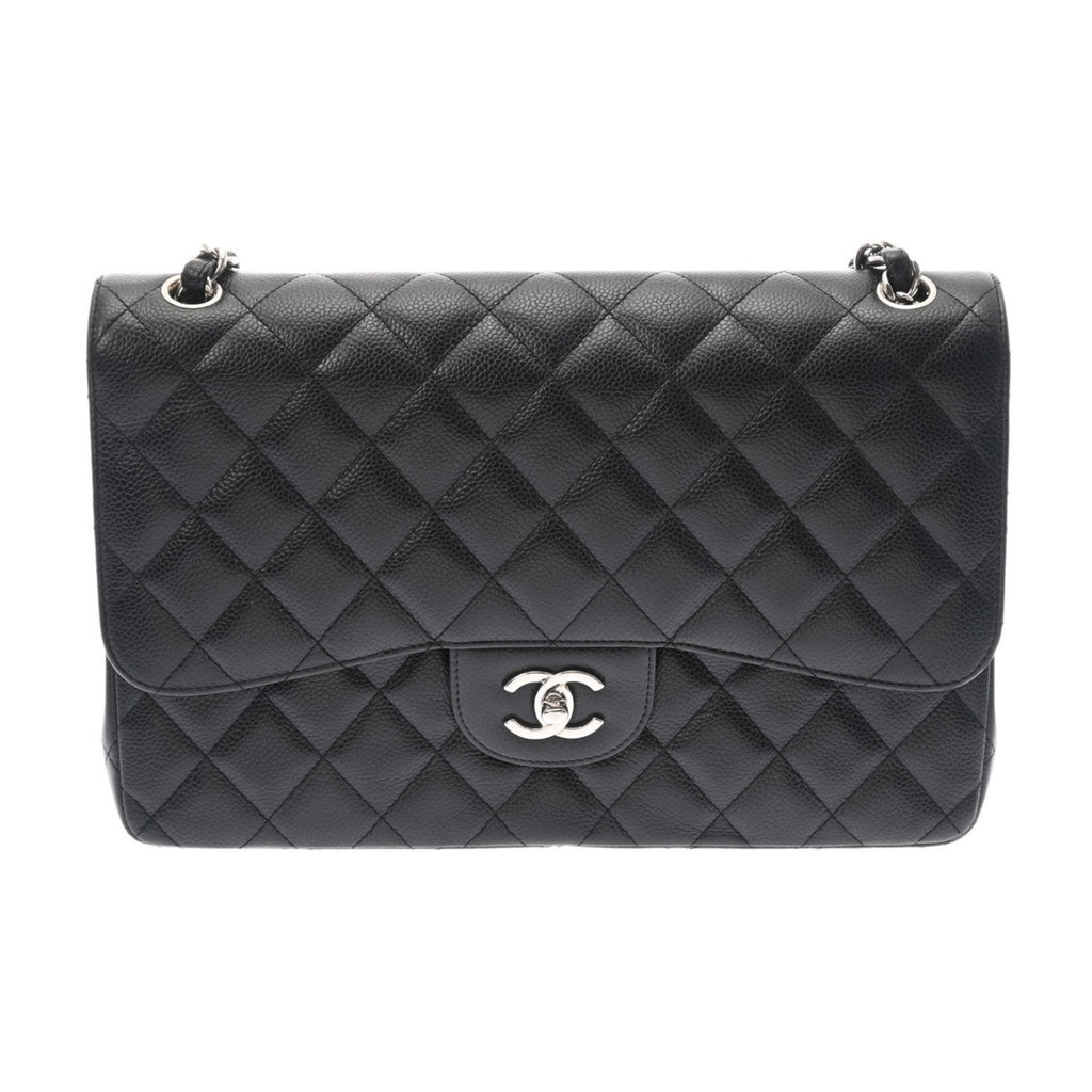 CHANEL matelasse double flap 30 black ladies caviar skin shoulder bag