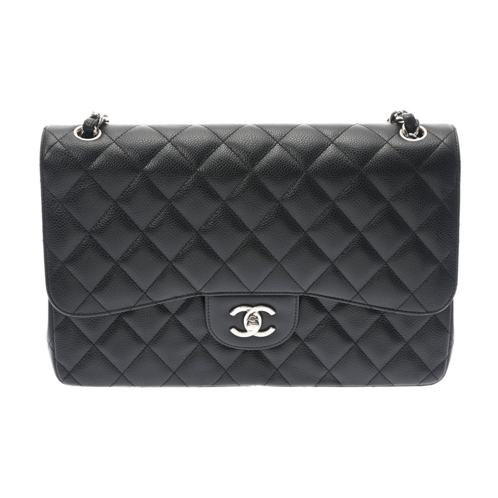 CHANEL matelasse double flap 30 black ladies caviar skin shoulder bag