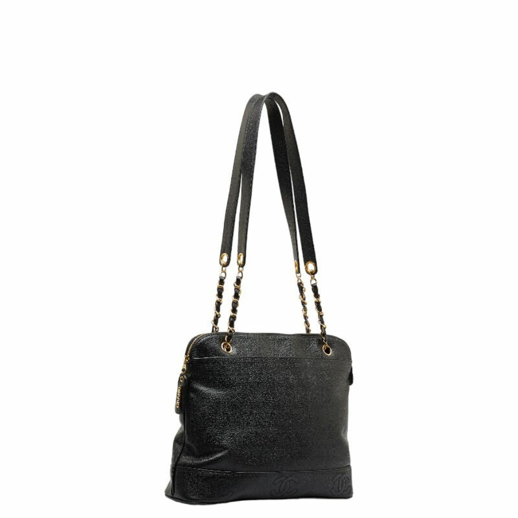 CHANEL Triple Coco Mark Chain Shoulder Bag Black Caviar Skin Women's