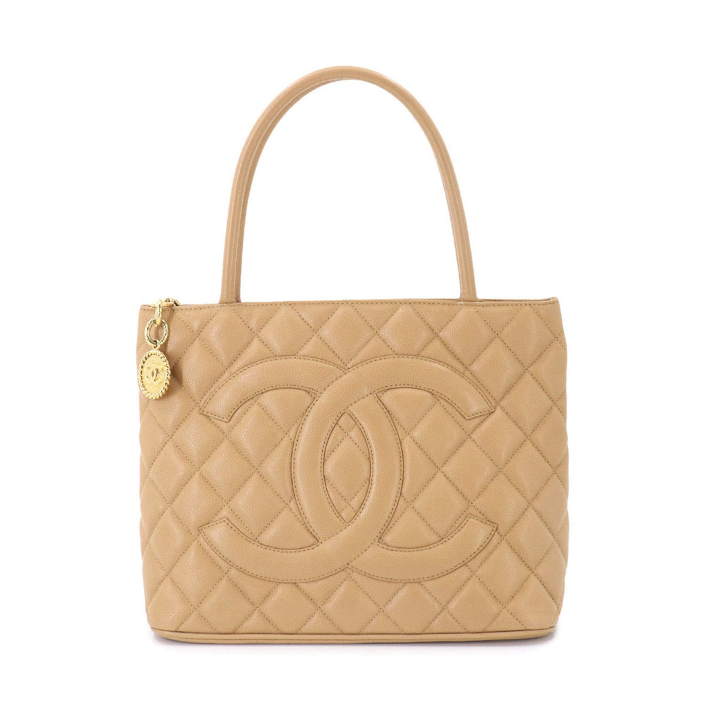 Chanel Reprint Tote Bag Caviar Skin Beige A01804 Gold Hardware Vintage Medallion