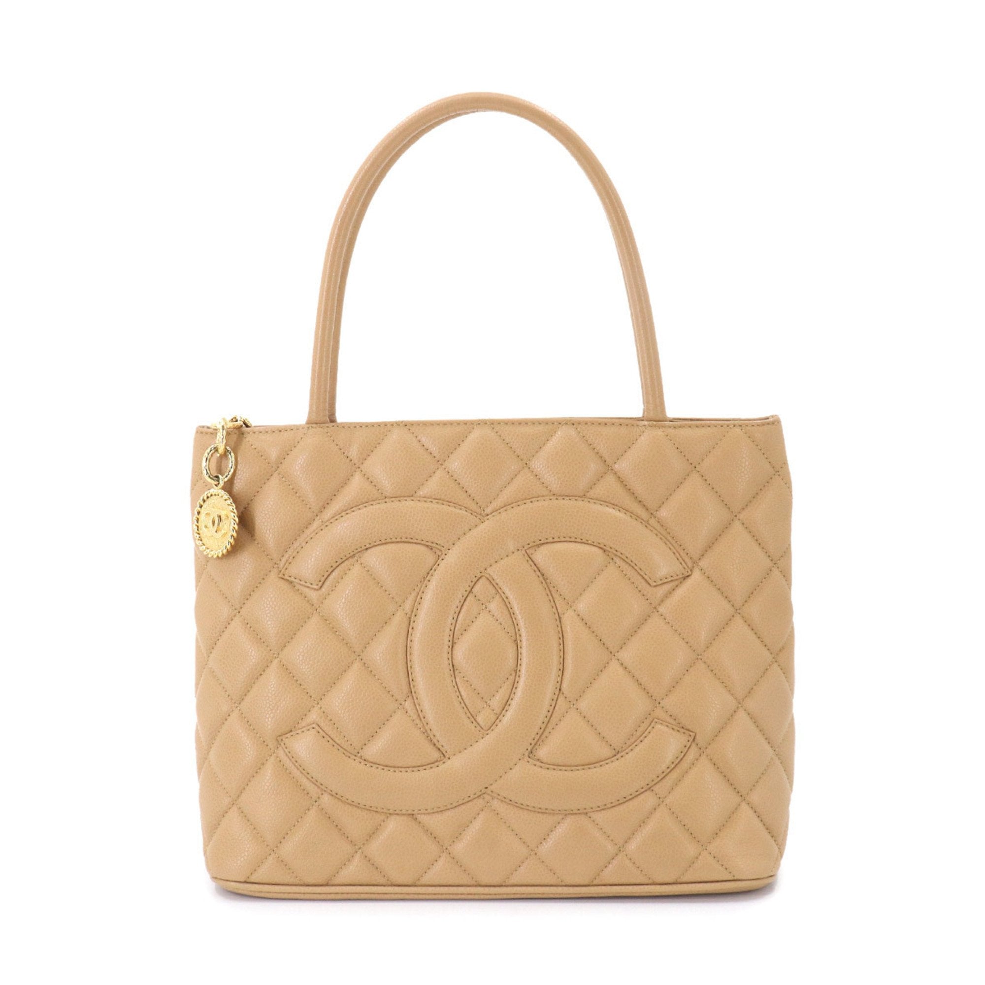 Chanel Reprint Tote Bag Caviar Skin Beige A01804 Gold Hardware Vintage Medallion