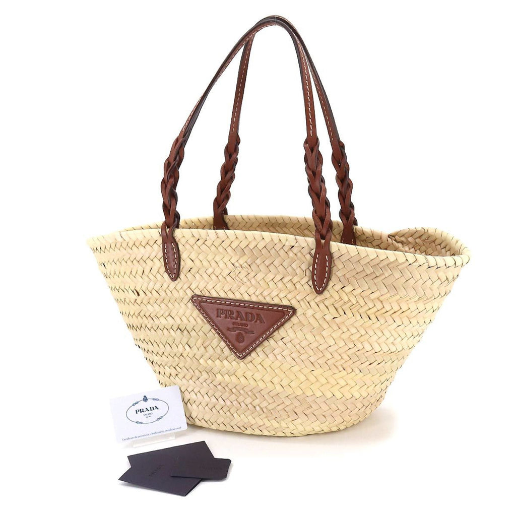 PRADA tote bag wicker leather natural cognac 1BG314 silver metal fittings woven palm Tote Bag