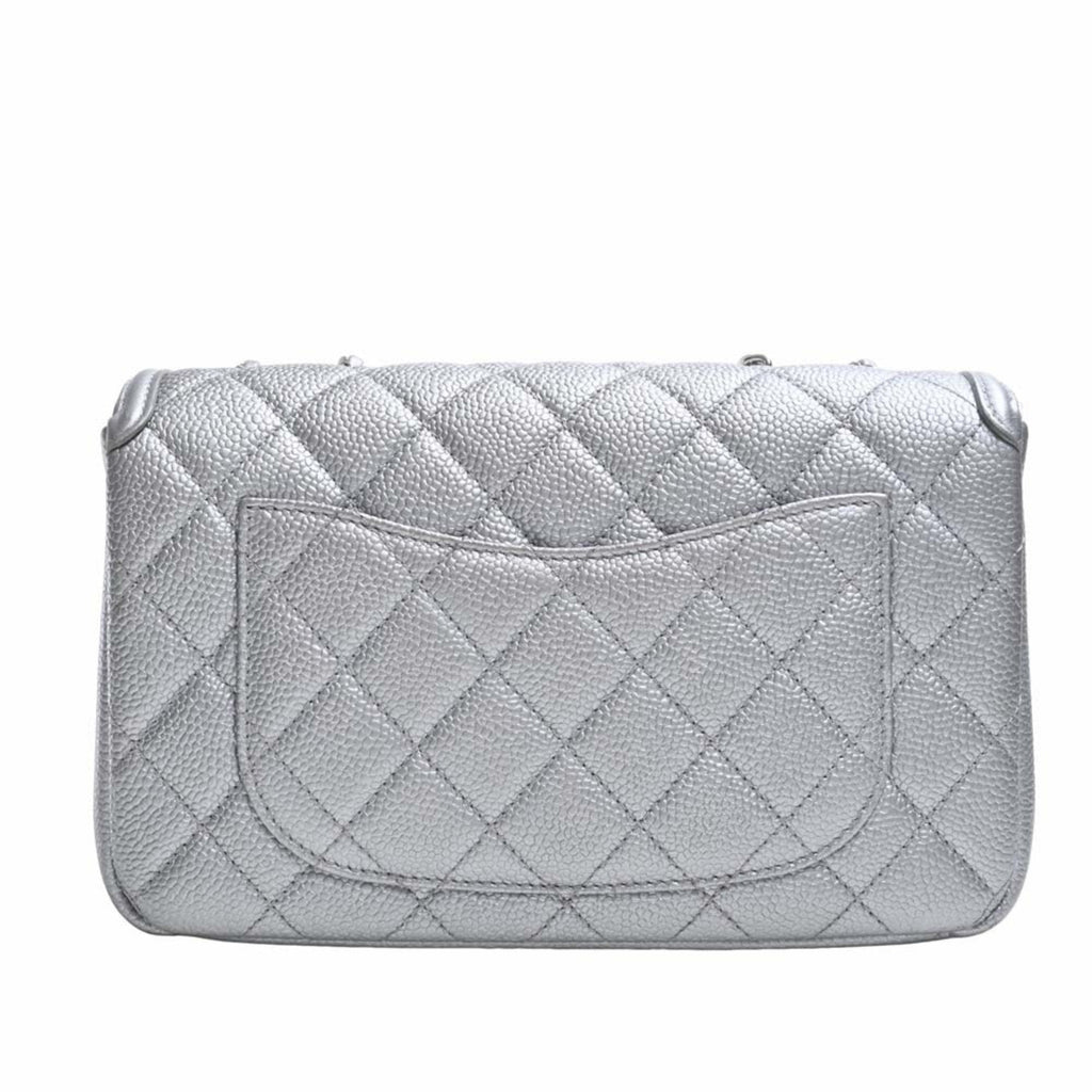 CHANEL Caviar Skin Matelasse CC Filigree Chain Shoulder Bag Silver Ladies