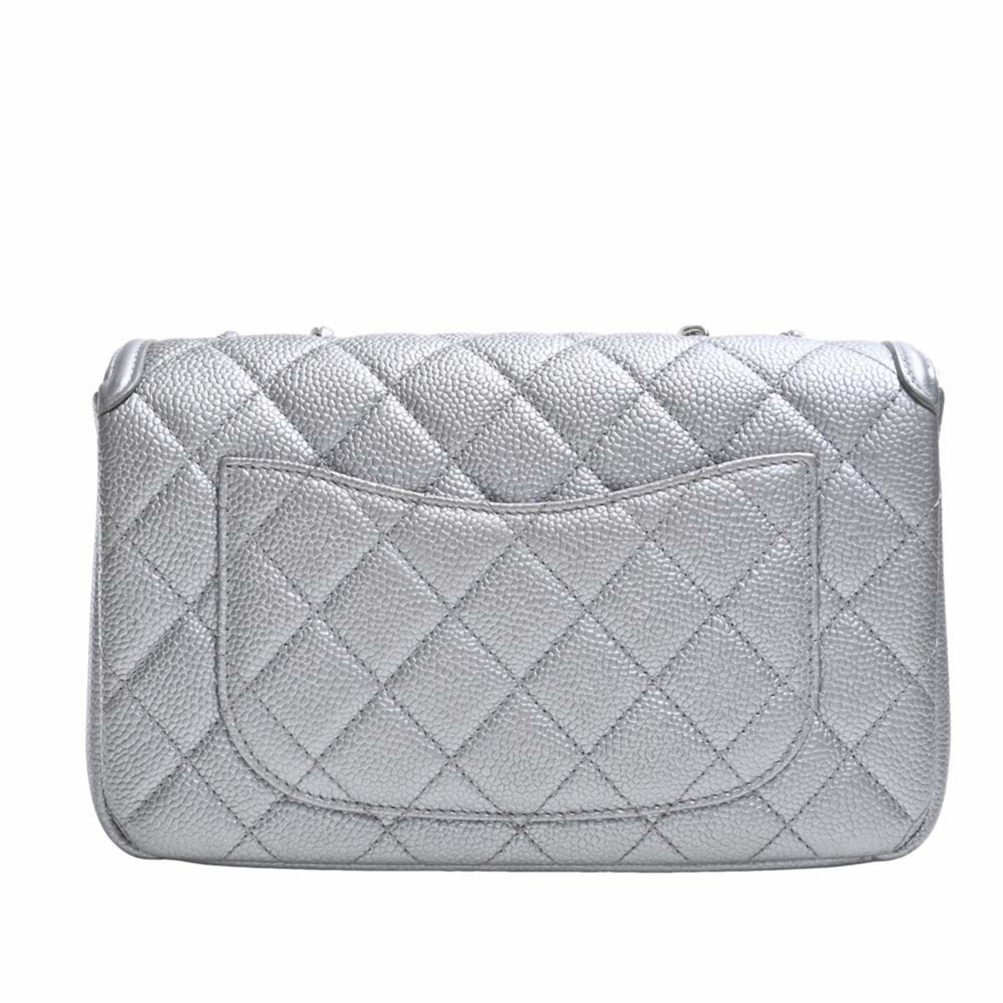 CHANEL Caviar Skin Matelasse CC Filigree Chain Shoulder Bag Silver Ladies